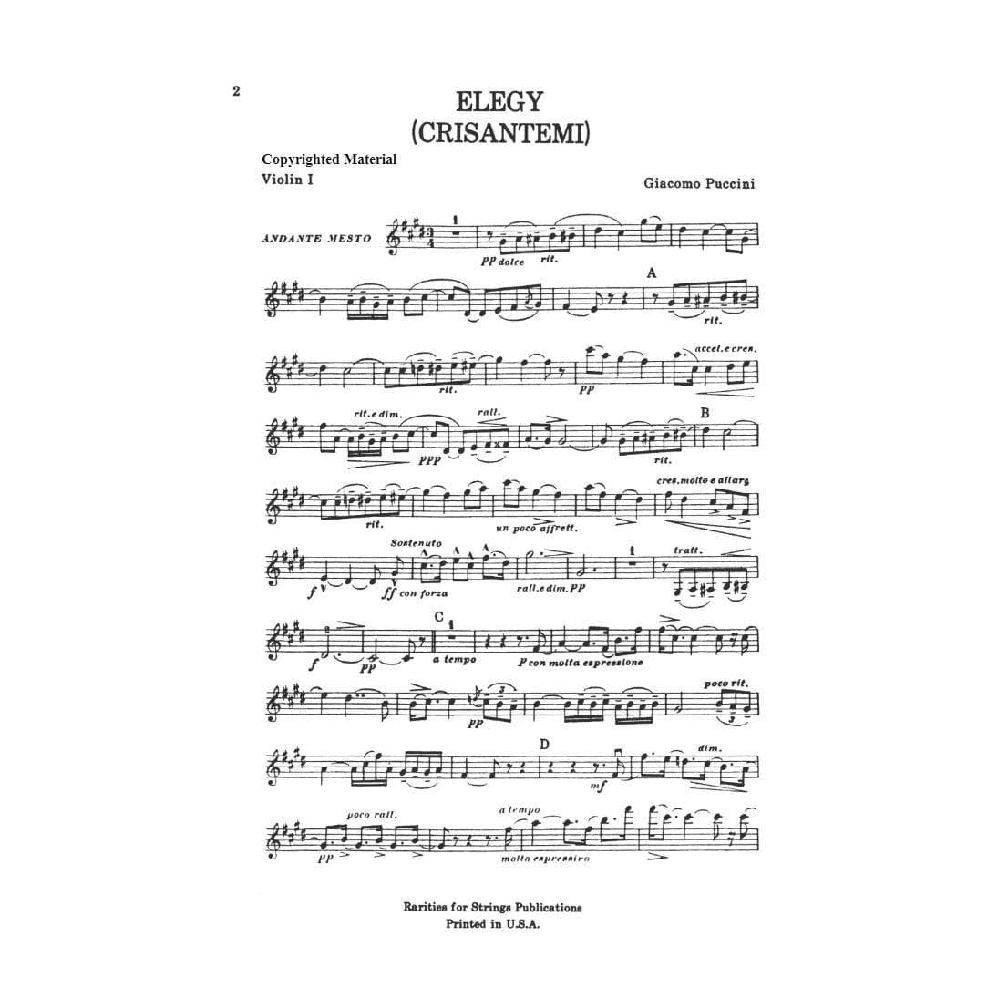 Puccini - Elegy ( Chrysanthemums ) for String Quartet Score and Parts Published by Rarities for Strings Publications