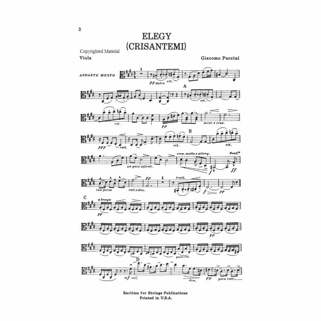 Puccini - Elegy ( Chrysanthemums ) for String Quartet Score and Parts Published by Rarities for Strings Publications