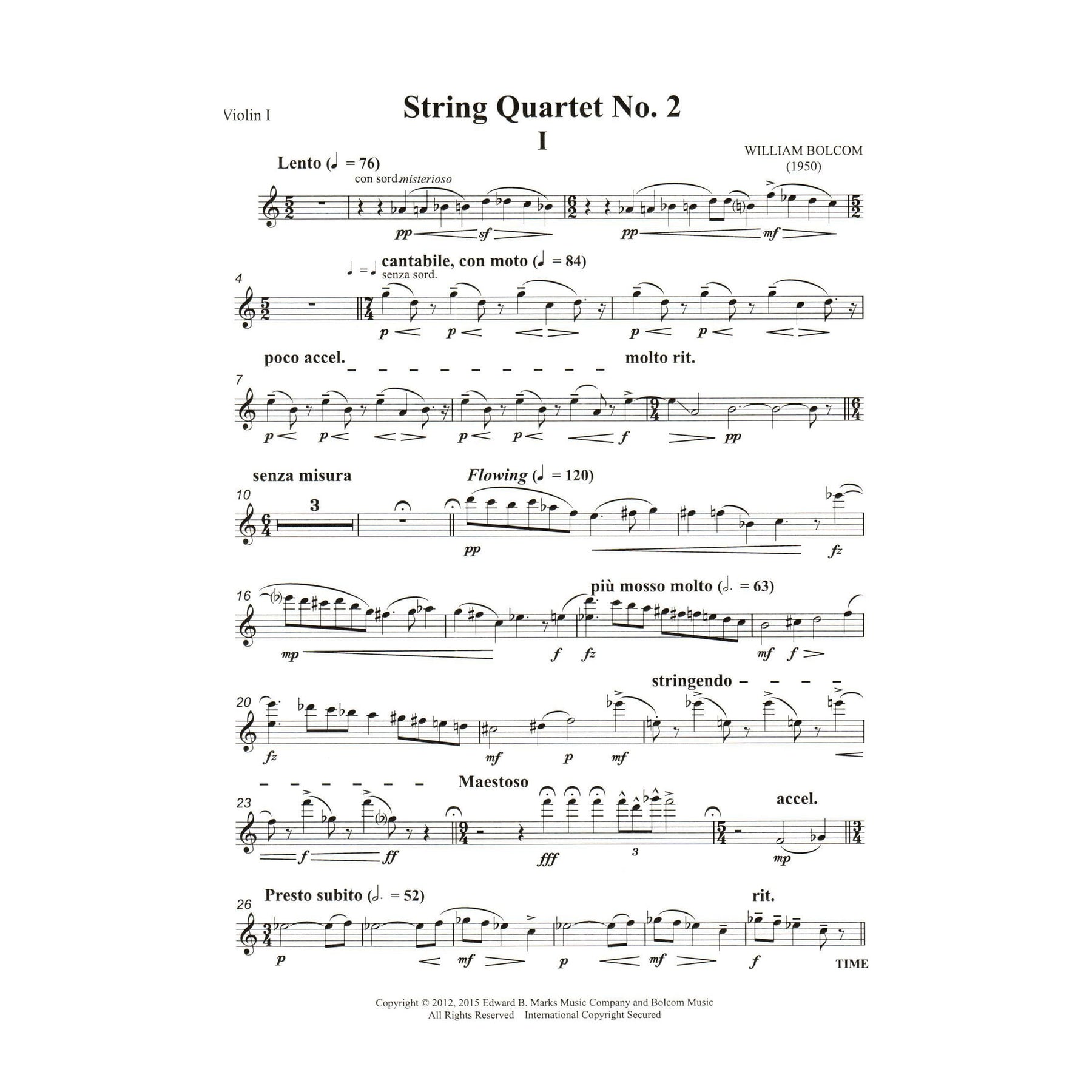 Bolcom, William - String Quartet No. 2 - Score and Parts - Edward B. Marks Music Company