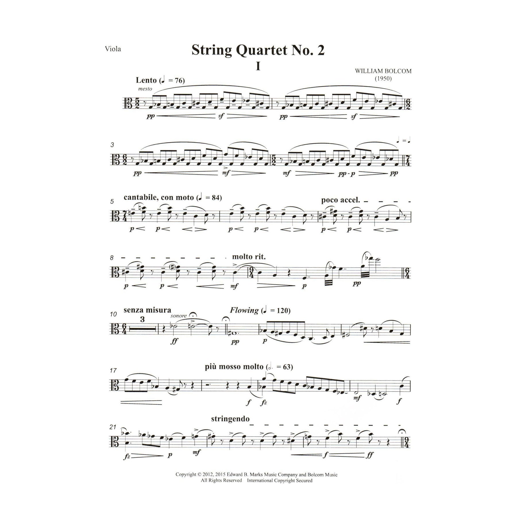 Bolcom, William - String Quartet No. 2 - Score and Parts - Edward B. Marks Music Company