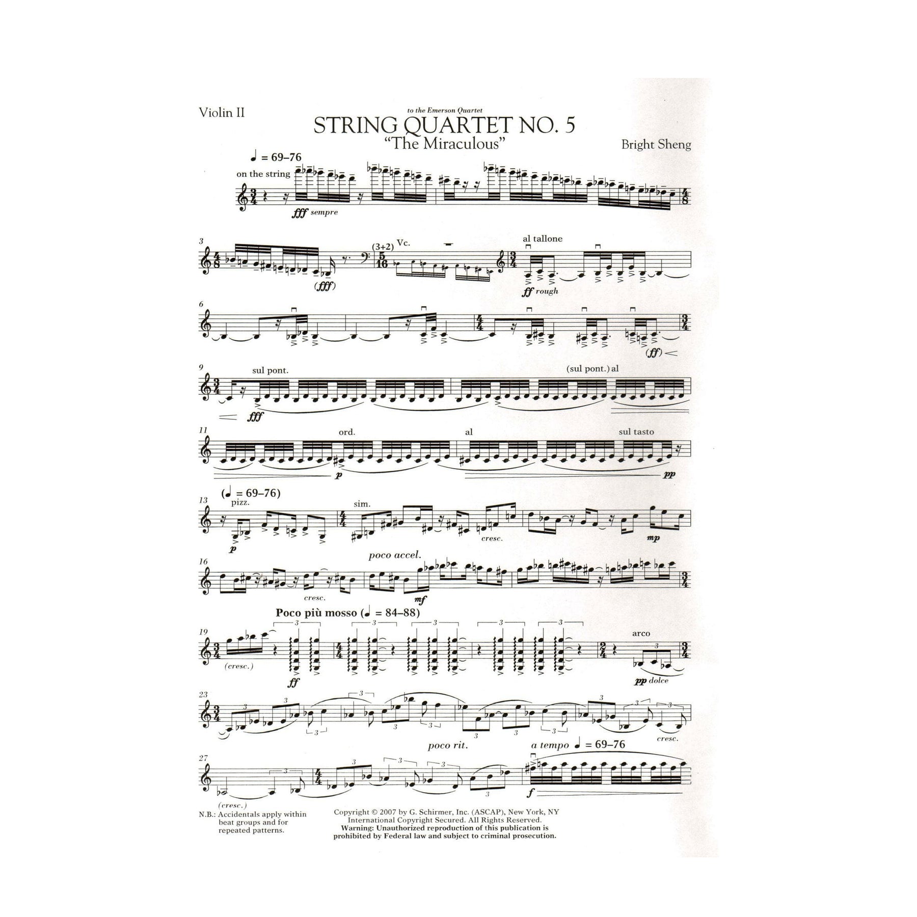 Sheng, Bright - String Quartet No. 5, "The Miraculous" - for 2 Violins, Viola, and Cello - G Schirmer Edition