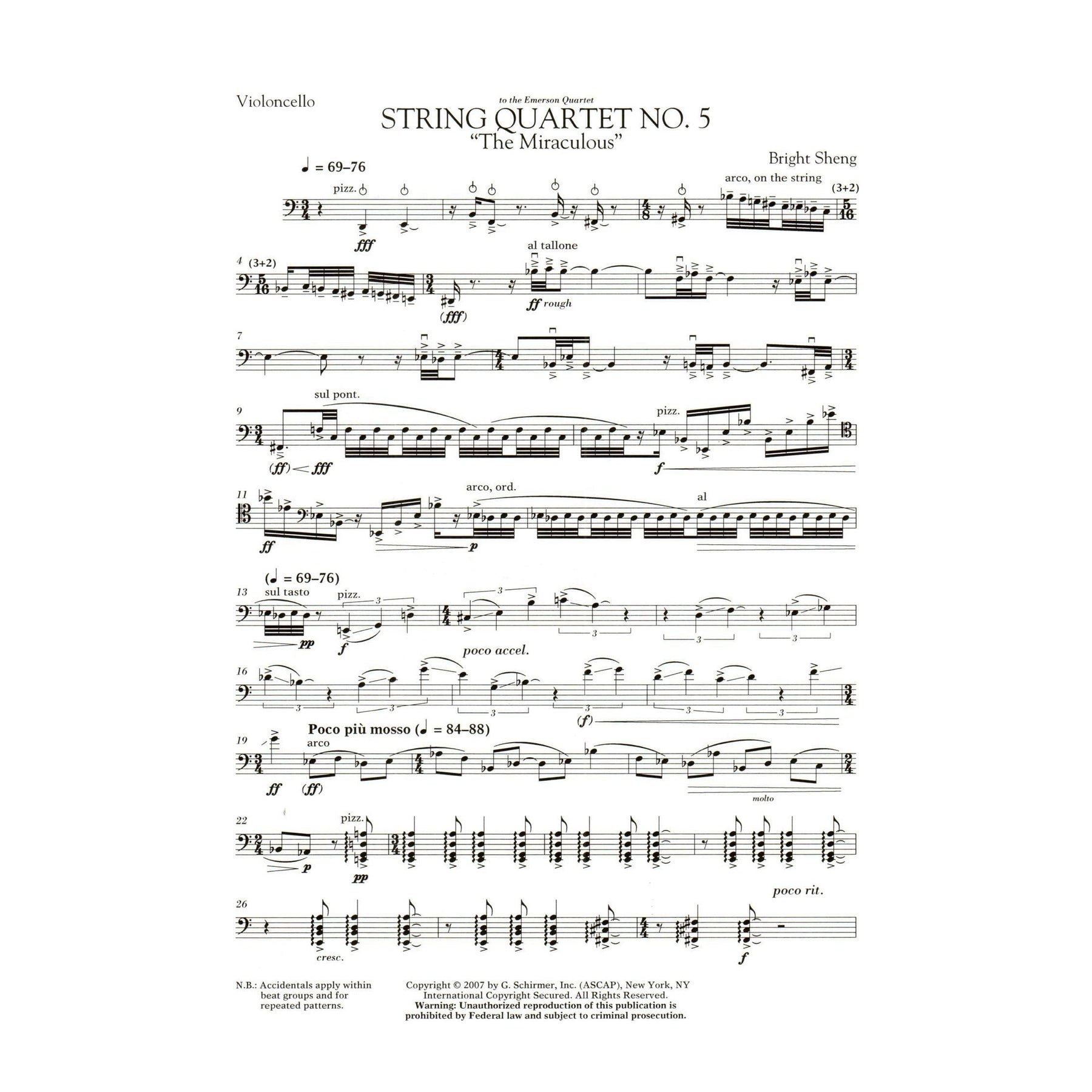Sheng, Bright - String Quartet No. 5, "The Miraculous" - for 2 Violins, Viola, and Cello - G Schirmer Edition