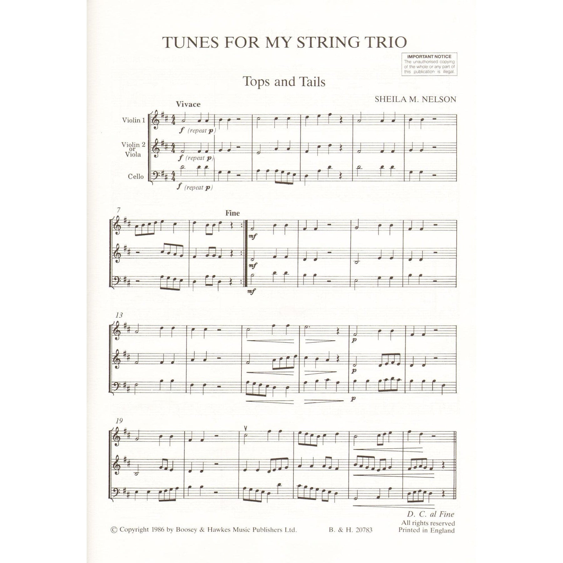 Nelson, Sheila - Tunes for my String Trio for 2 Violins and Cello (or Violin, Viola & Cello) - Published by Boosey & Hawkes