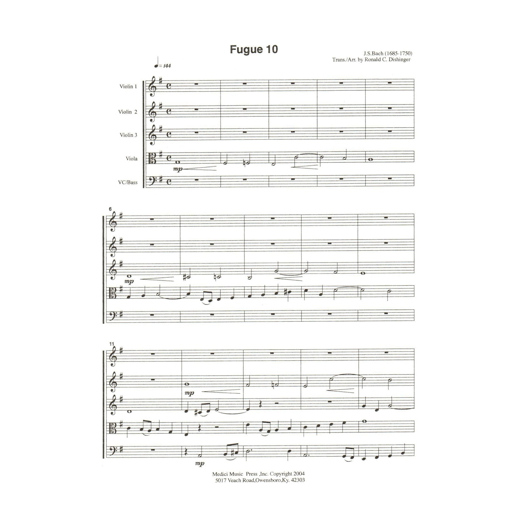 Bach, J.S. - Fugue 10 - for String Quintet or String Orchestra - arranged by Dishinger - Medici Music Press