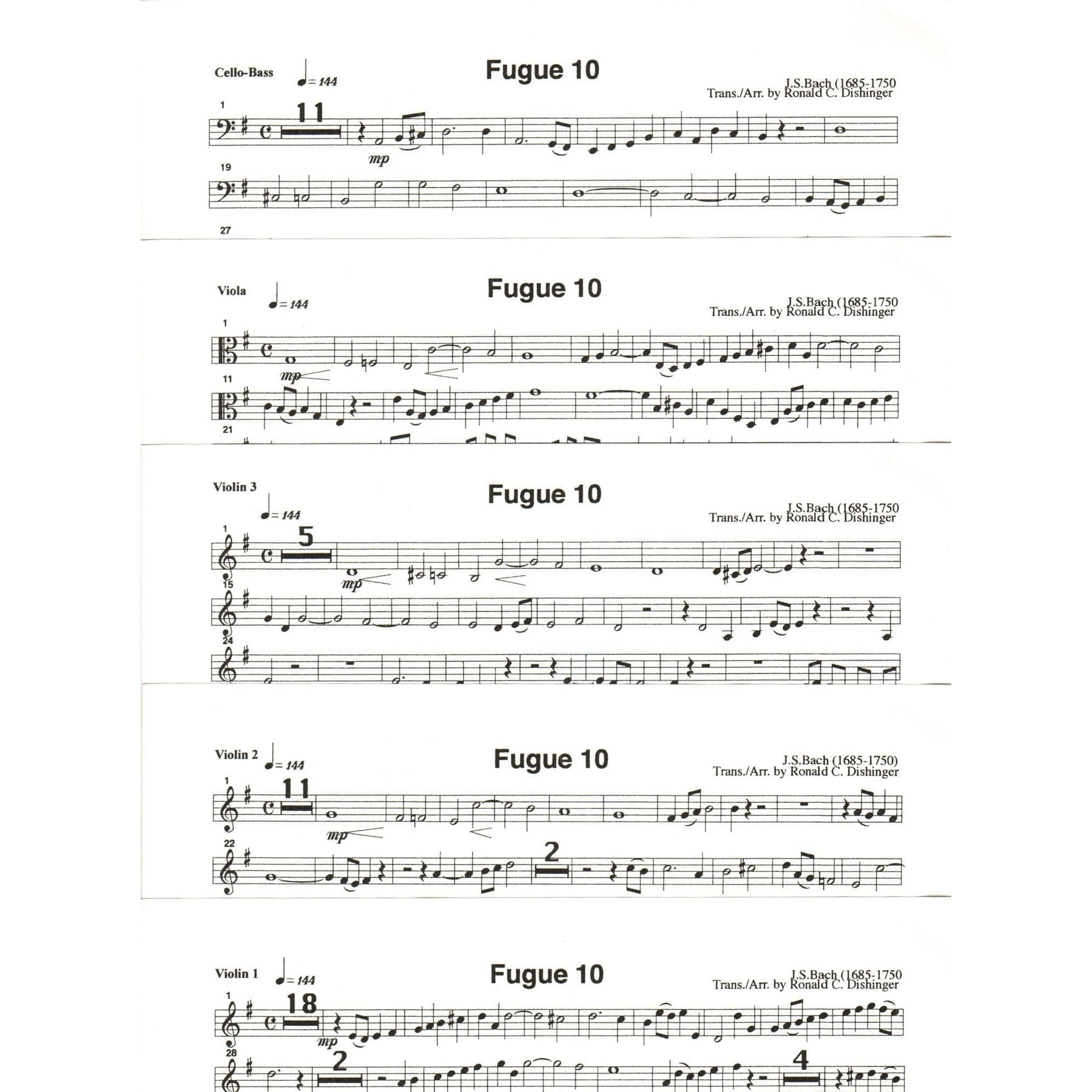 Bach, J.S. - Fugue 10 - for String Quintet or String Orchestra - arranged by Dishinger - Medici Music Press