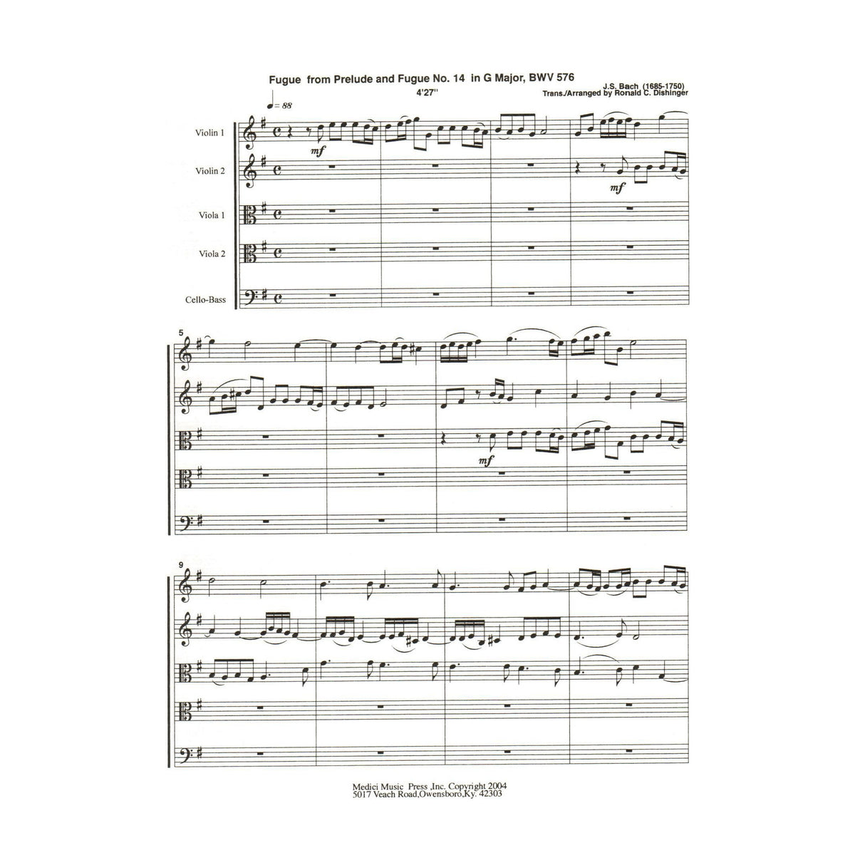 Bach, J.S. - Fugue from Prelude and Fugue in G Major (BWV 576) - for String Quintet - arranged by Dishinger - Medici Music Press