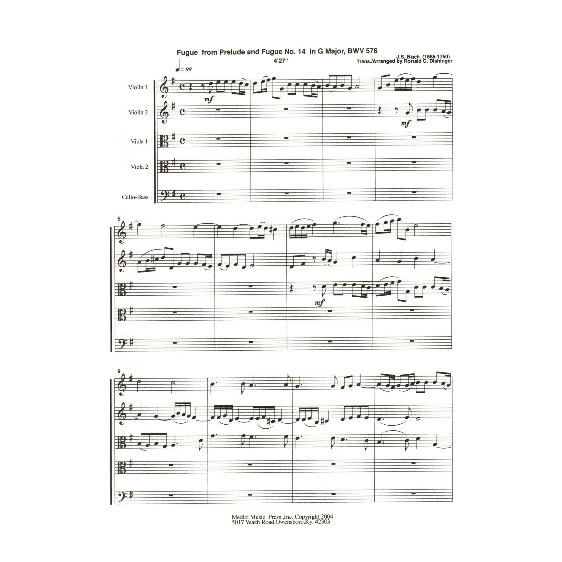 Bach, J.S. - Fugue from Prelude and Fugue in G Major (BWV 576) - for String Quintet - arranged by Dishinger - Medici Music Press