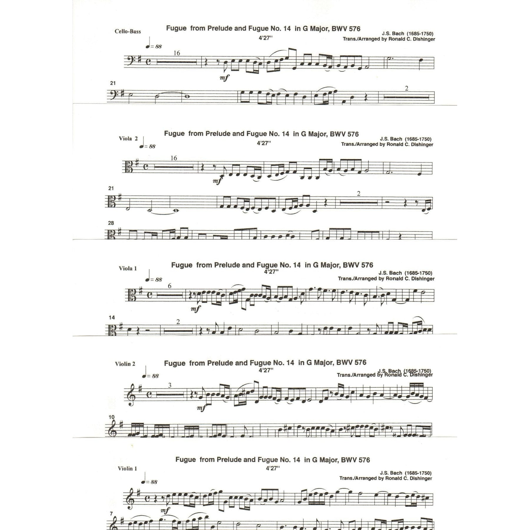 Bach, J.S. - Fugue from Prelude and Fugue in G Major (BWV 576) - for String Quintet - arranged by Dishinger - Medici Music Press