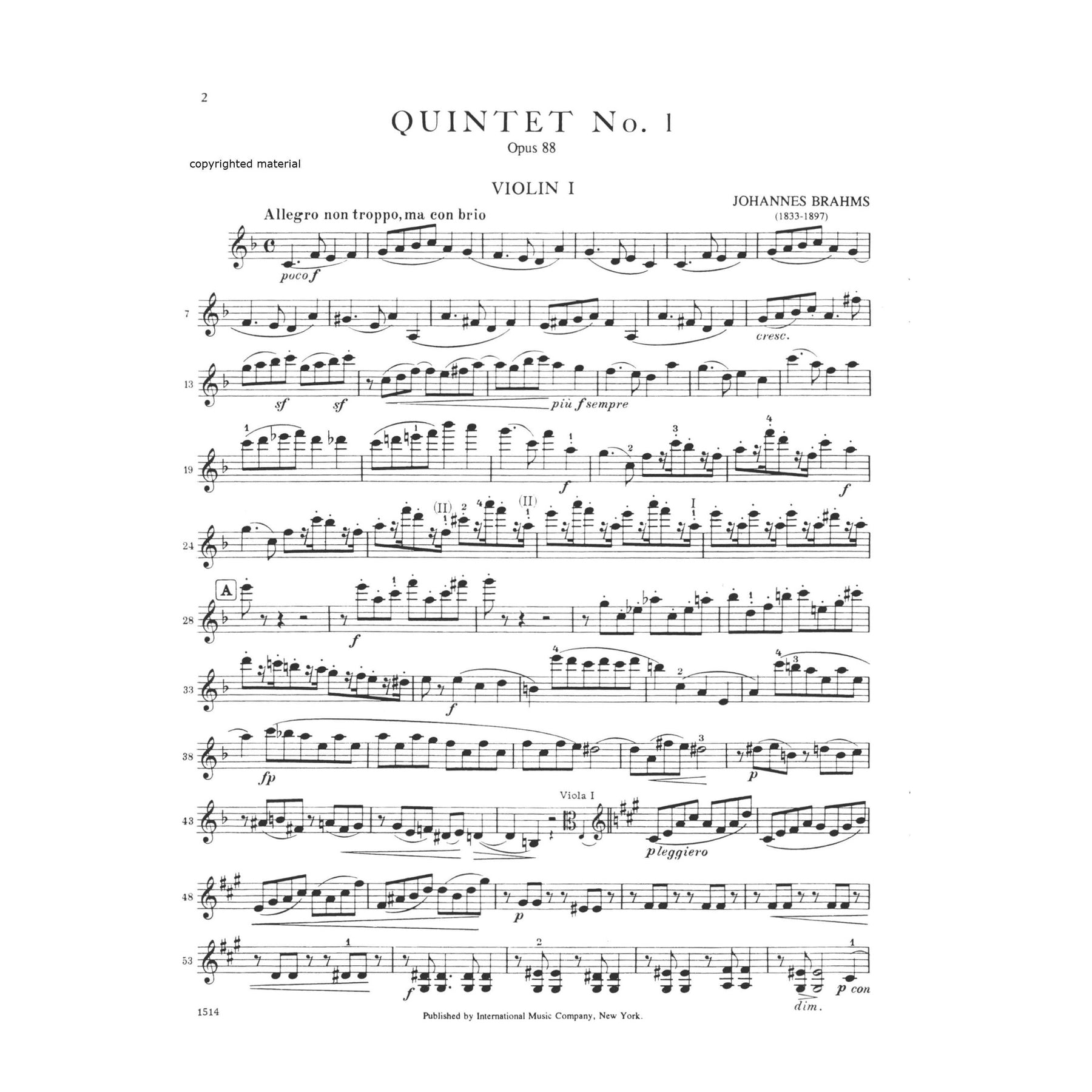 Brahms, Johannes - Quintet No 1 In F Major Op 88 for Two Violins, Two Violas and Cello - Arranged by the Gewandhaus Quartet - International Edition