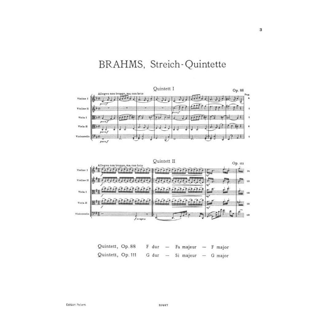Brahms, Johannes - Quintet No 1 In F Major Op 88 for Two Violins, Two Violas and Cello - Arranged by the Gewandhaus Quartet - Peters Edition