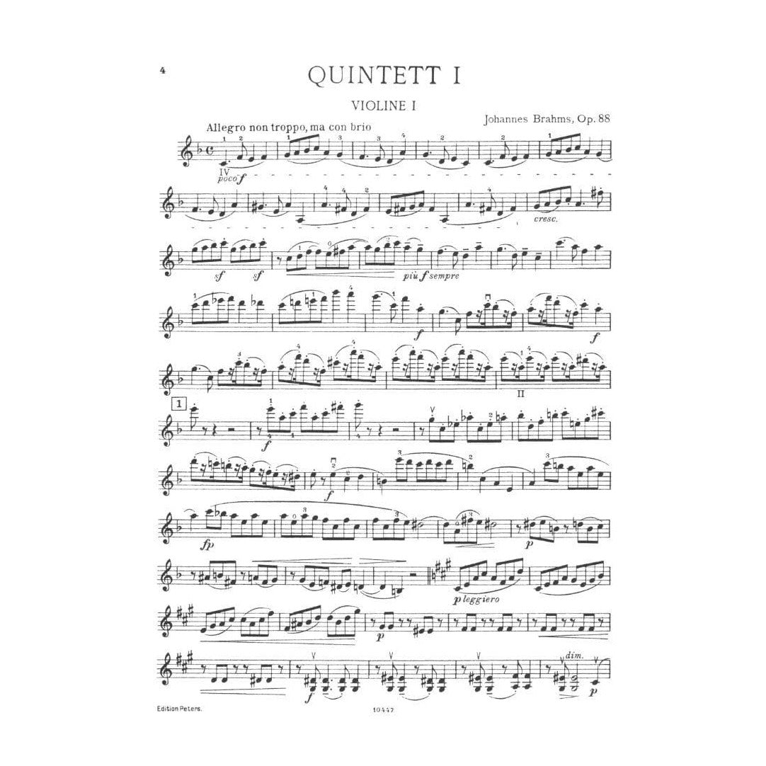 Brahms, Johannes - Quintet No 1 In F Major Op 88 for Two Violins, Two Violas and Cello - Arranged by the Gewandhaus Quartet - Peters Edition