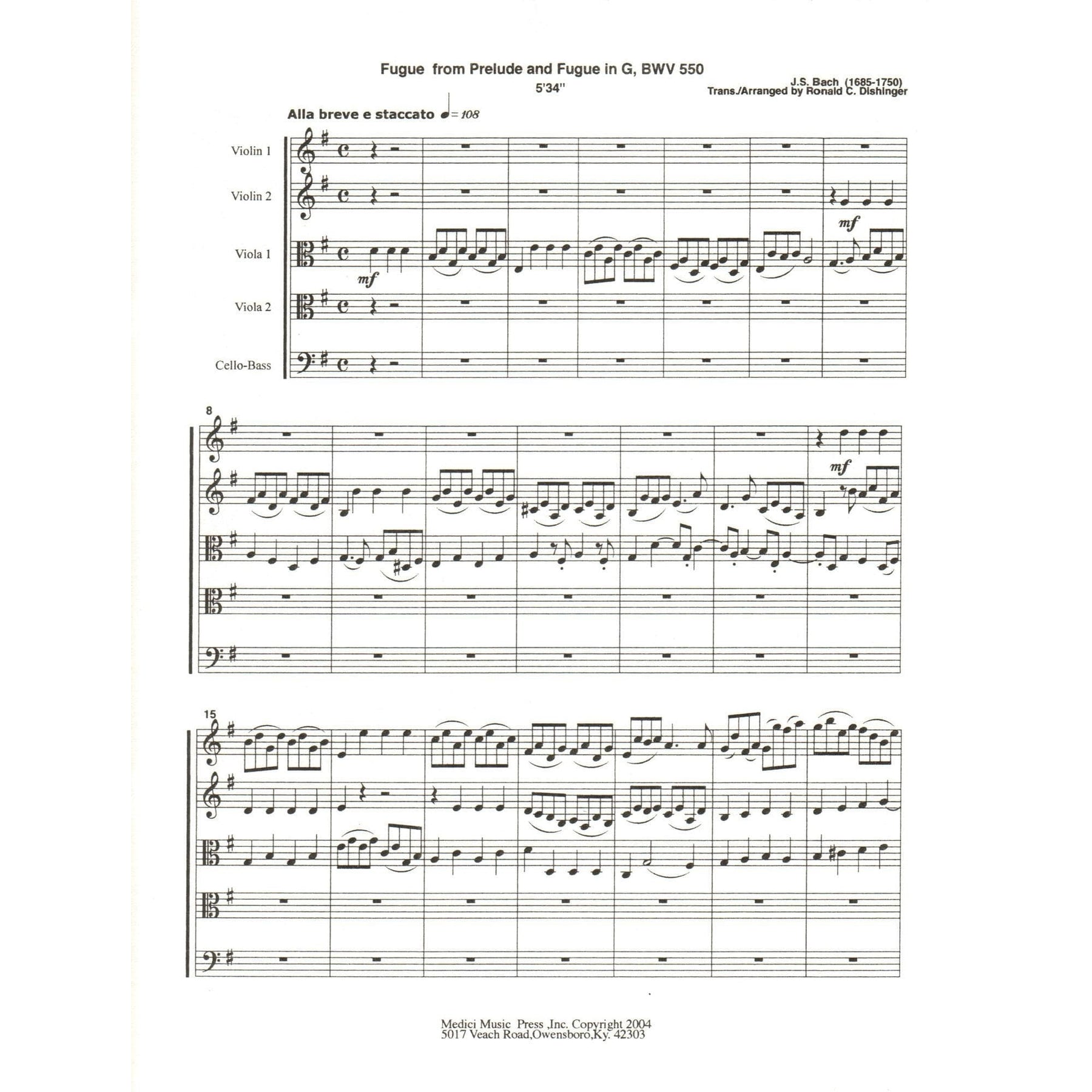 Bach, J.S. - Fugue from Prelude and Fugue in G (BWV 550) - for String Quintet - arranged by Dishinger - Medici Music Press