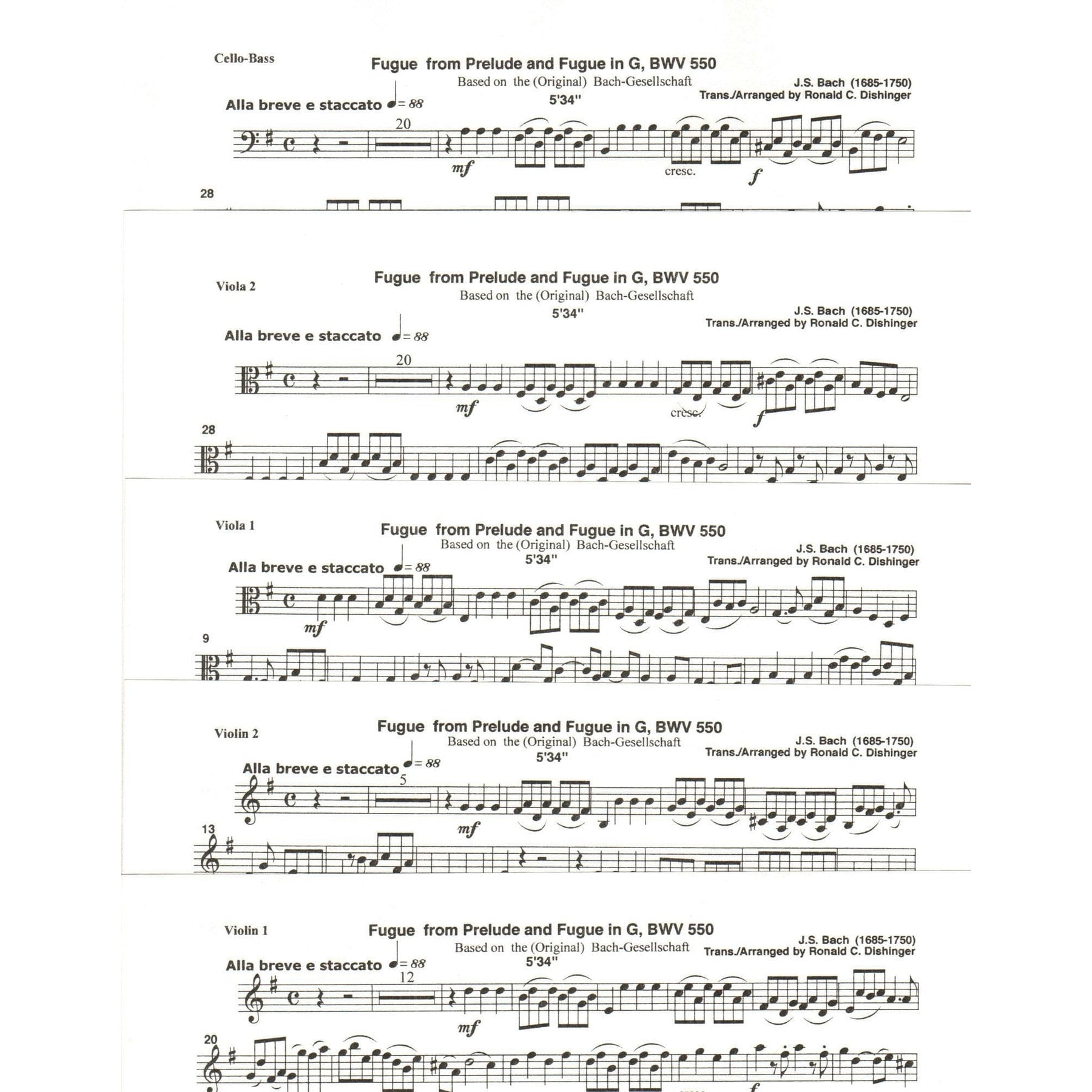 Bach, J.S. - Fugue from Prelude and Fugue in G (BWV 550) - for String Quintet - arranged by Dishinger - Medici Music Press