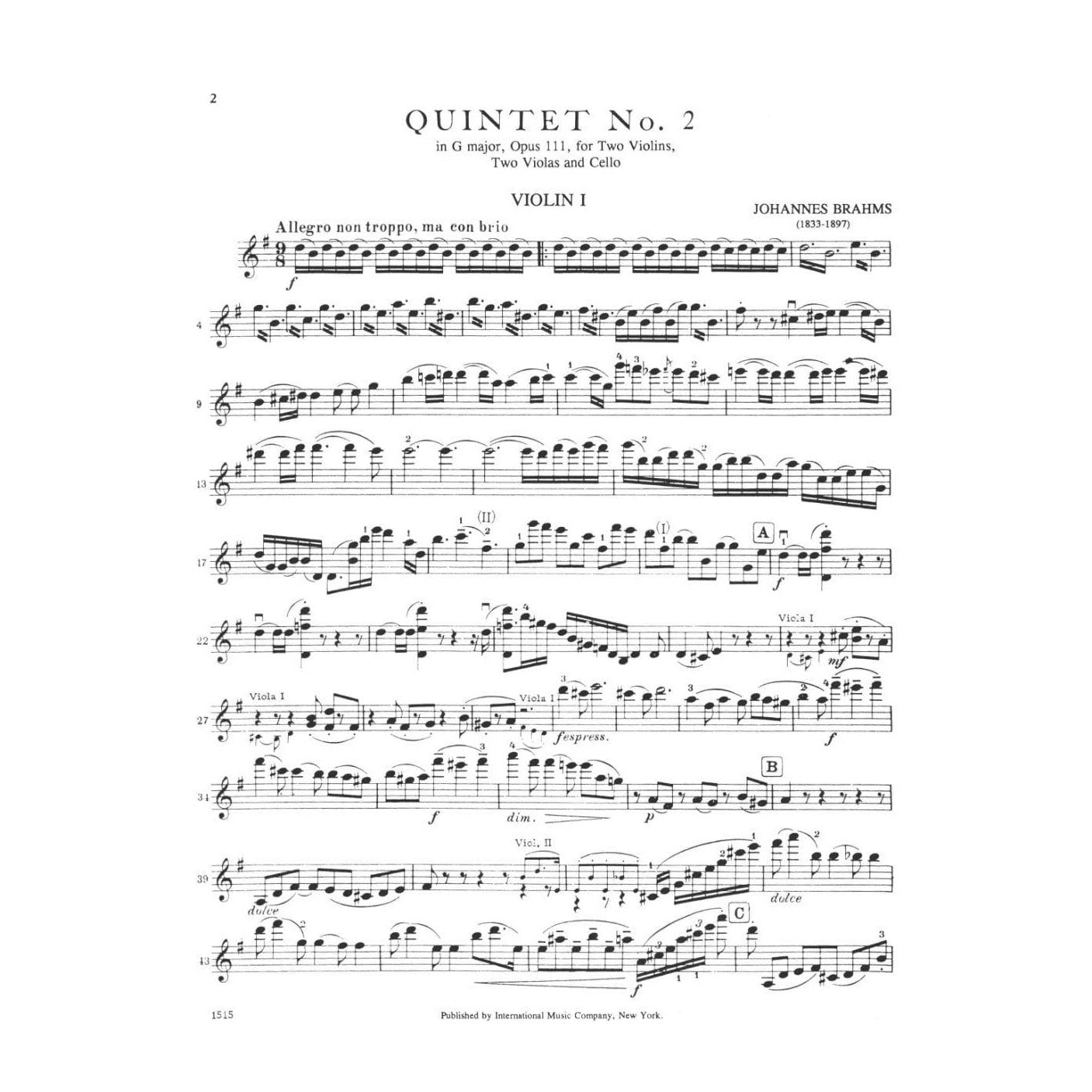 Brahms, Johannes - Quintet No 2 In G Major Op 111 for Two Violins, Two Violas and Cello - Arranged by the Gewandhaus Quartet - International Edition