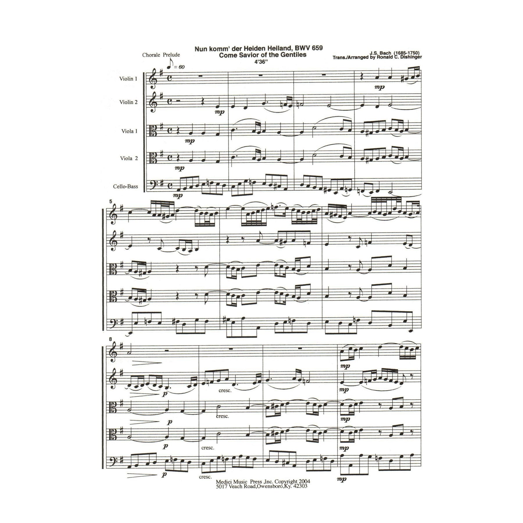 Bach, J.S. - Come Savior of the Gentiles (BWV 659) - for String Quintet or Orchestra - arranged by Dishinger - Medici Music Press