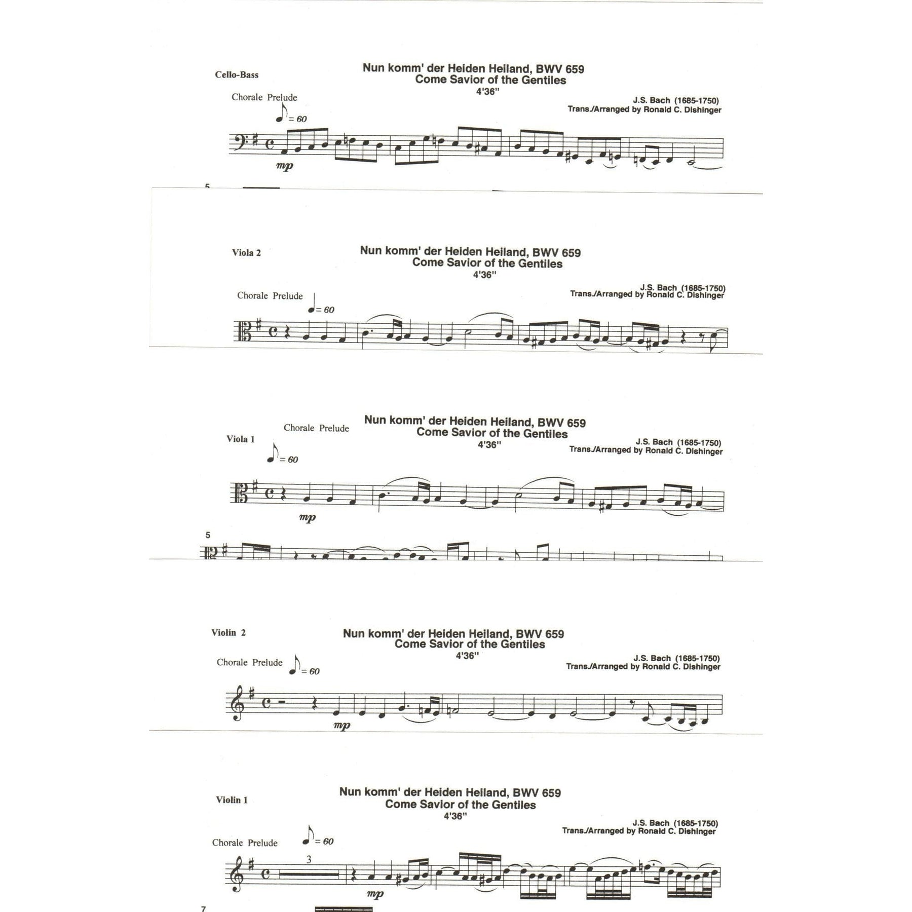 Bach, J.S. - Come Savior of the Gentiles (BWV 659) - for String Quintet or Orchestra - arranged by Dishinger - Medici Music Press