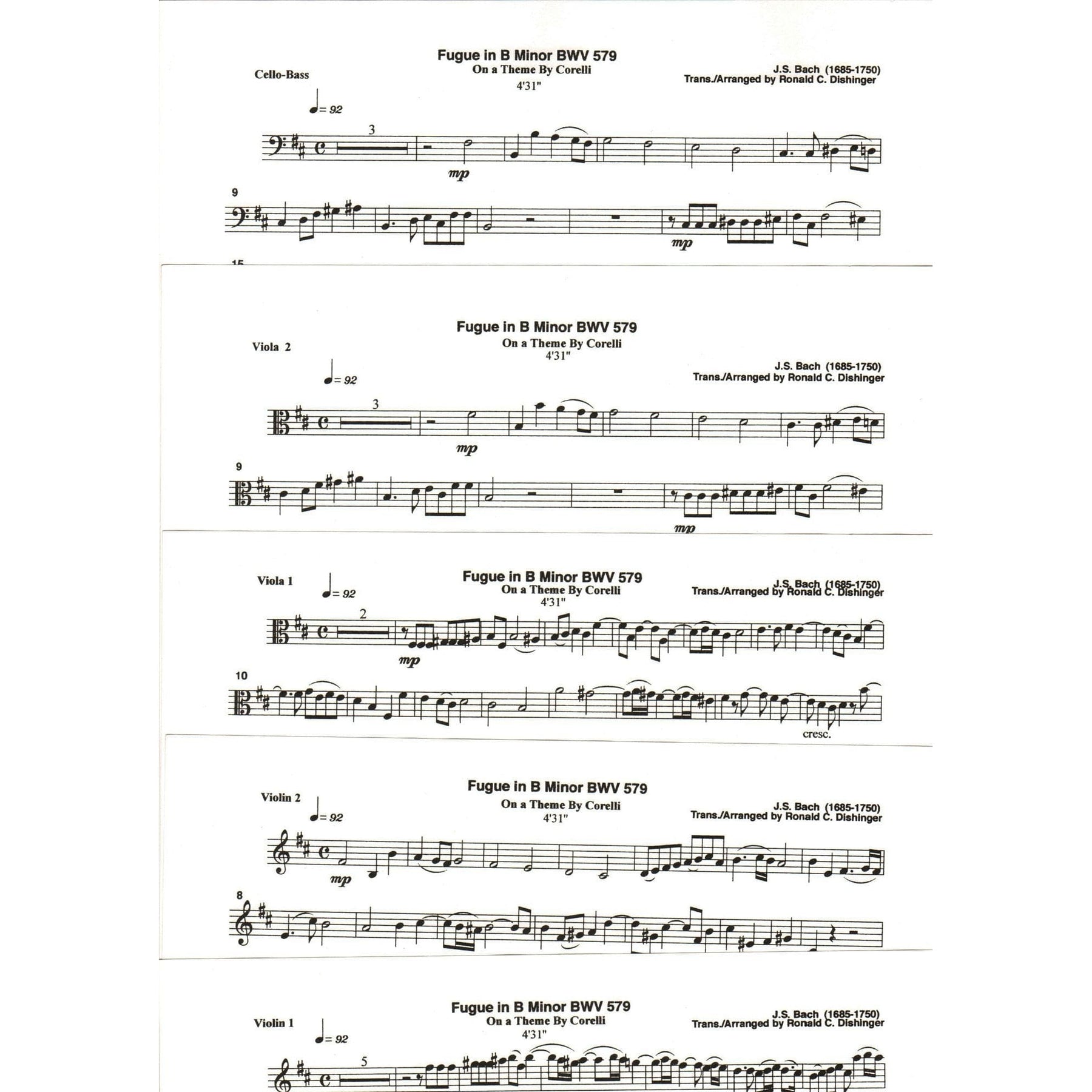 Bach, J.S. - Fugue in B Minor on a Theme of A. Corelli (BWV 579) - for String Quintet - arranged by Dishinger - Medici Music Press