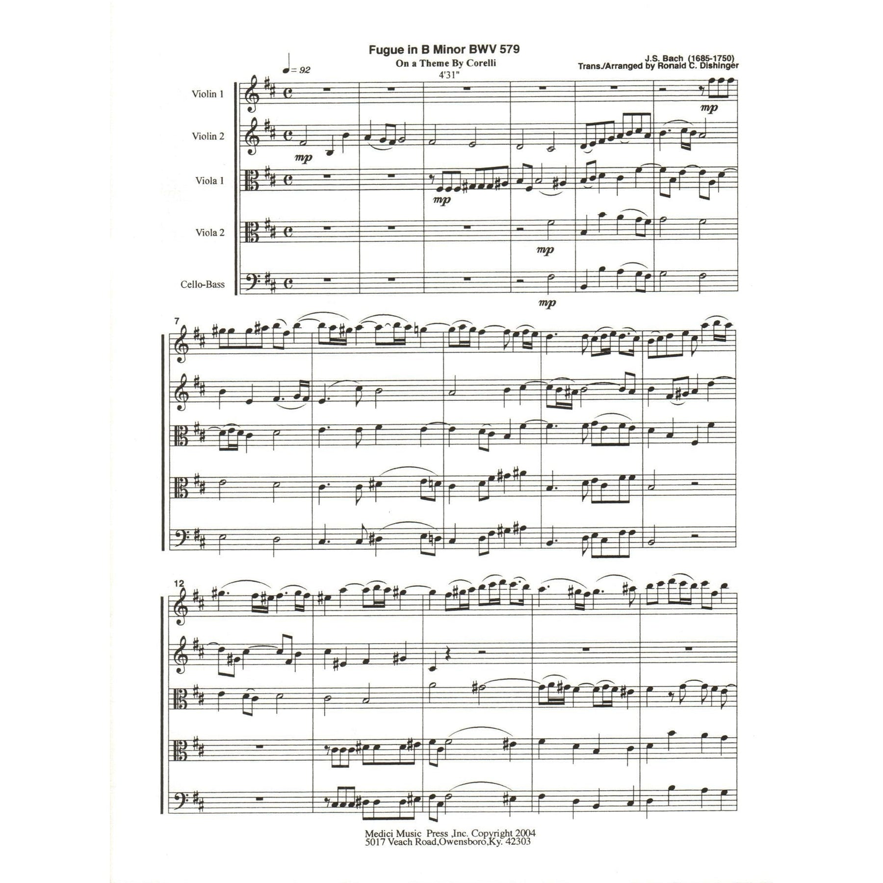 Bach, J.S. - Fugue in B Minor on a Theme of A. Corelli (BWV 579) - for String Quintet - arranged by Dishinger - Medici Music Press