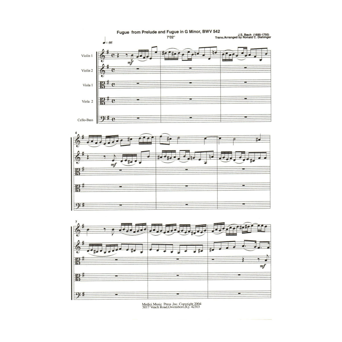 Bach, J.S. - Fugue and Prelude and Fugue (BWV 542) - for String Quintet - arranged by Dishinger - Medici Music Press