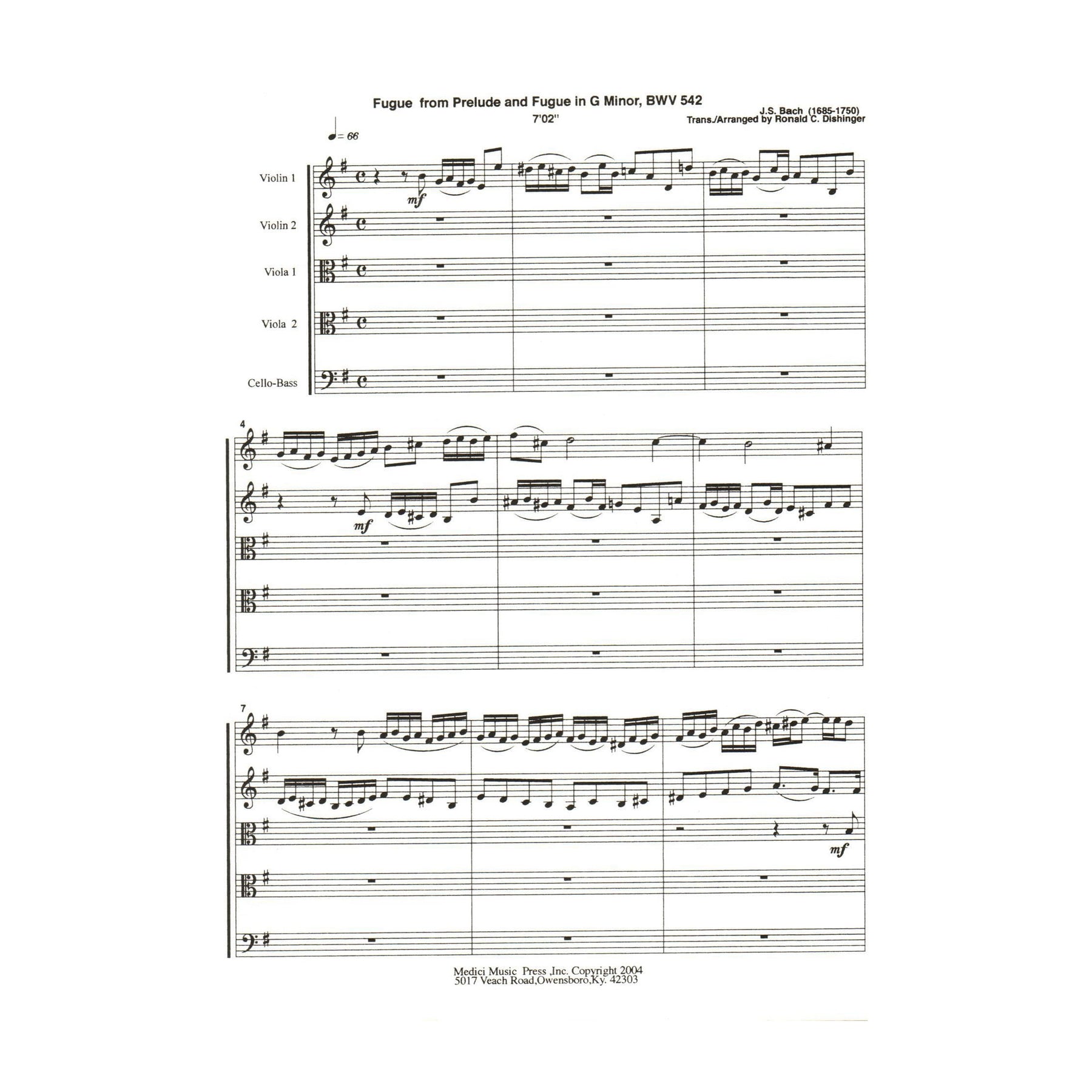 Bach, J.S. - Fugue and Prelude and Fugue (BWV 542) - for String Quintet - arranged by Dishinger - Medici Music Press