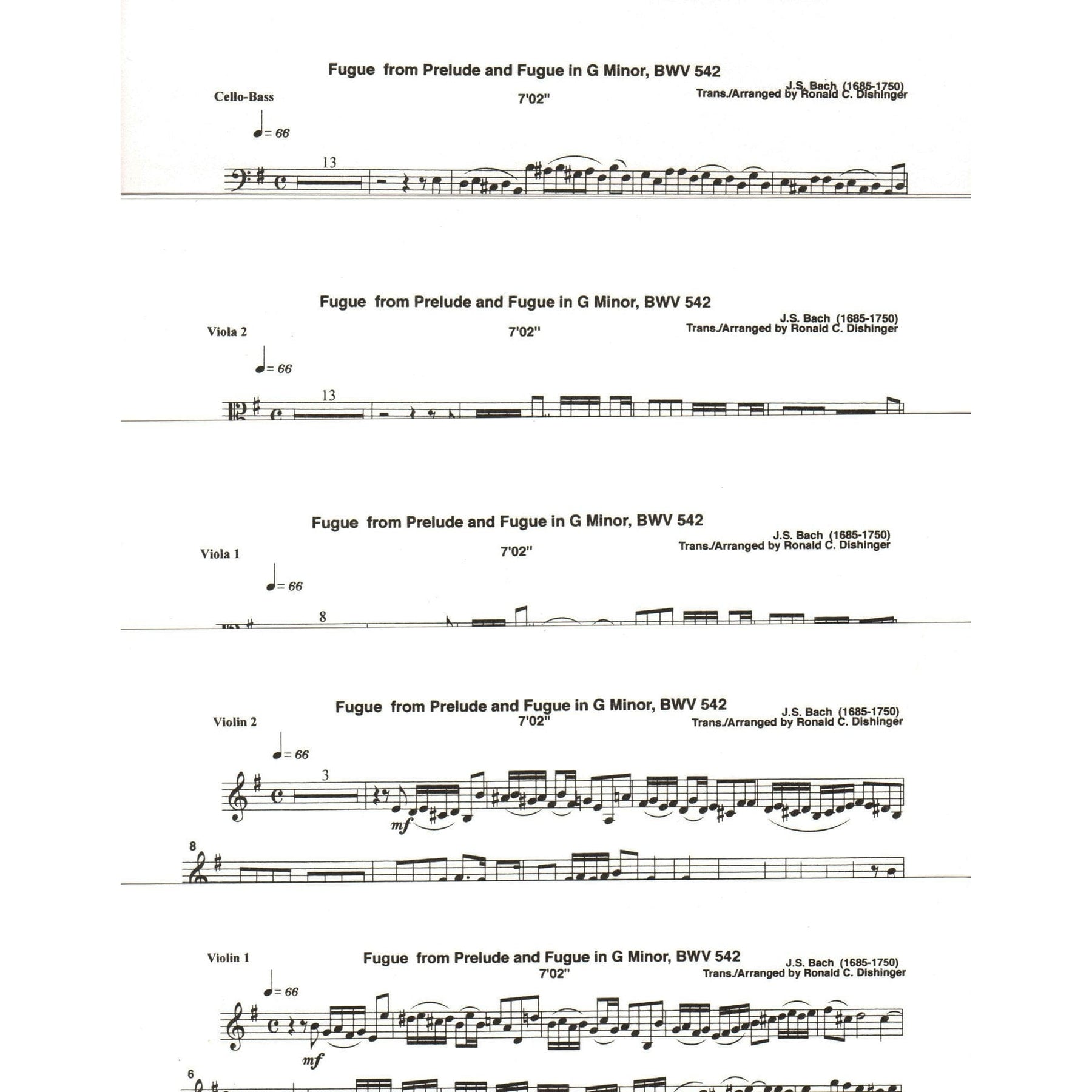 Bach, J.S. - Fugue and Prelude and Fugue (BWV 542) - for String Quintet - arranged by Dishinger - Medici Music Press