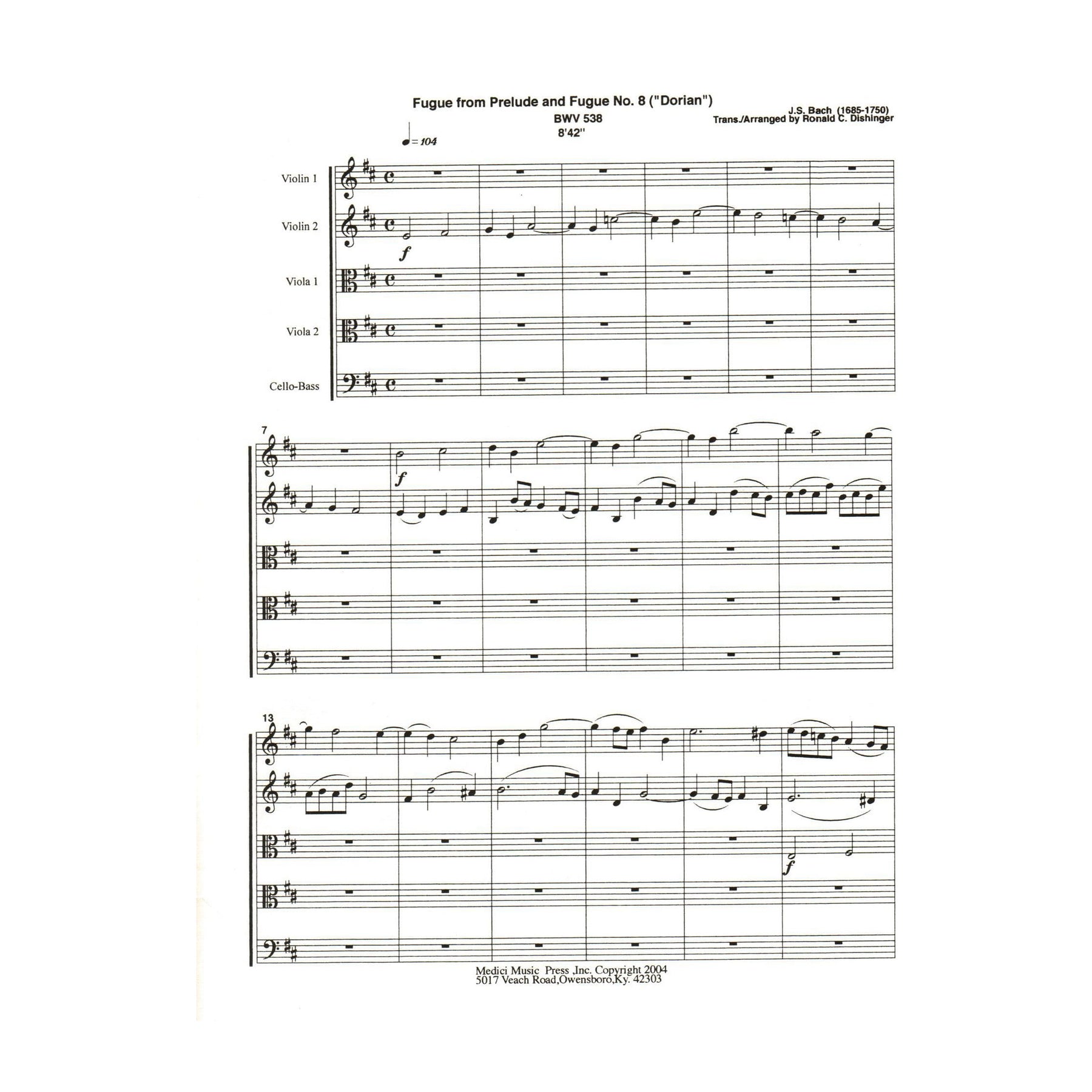 Bach, J.S. - Fugue from Prelude and Fugue (Dorian), BWV 538 - for String Quintet - arranged by Dishinger - Medici Music Press