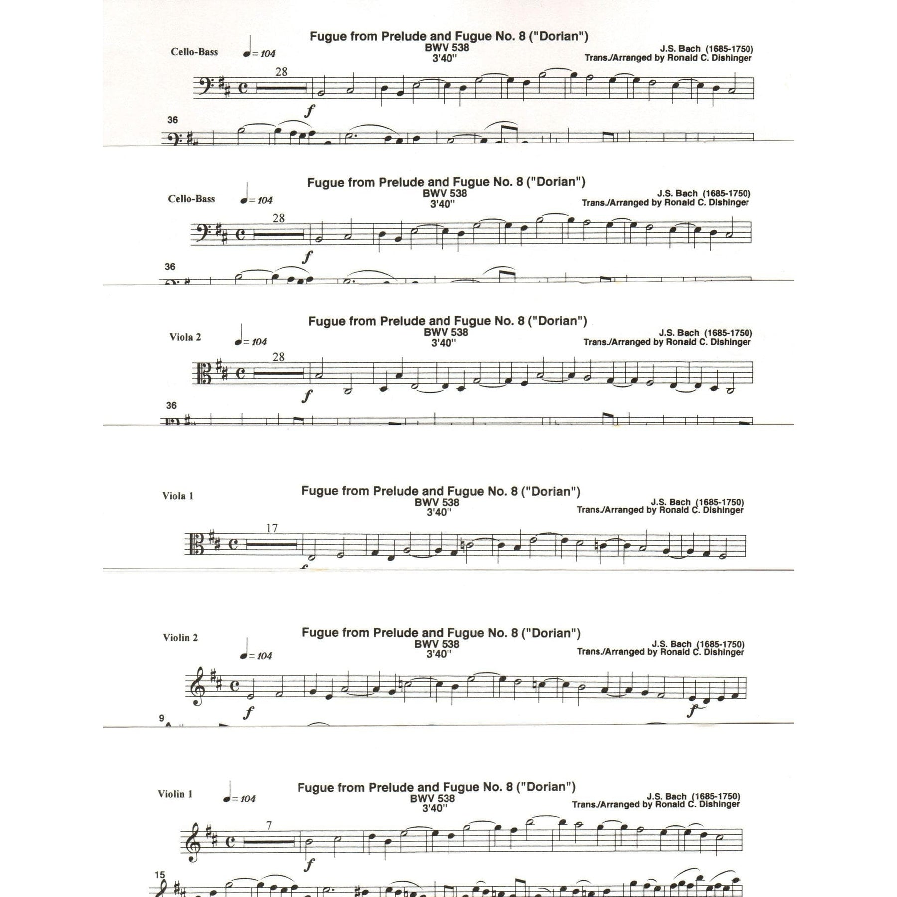 Bach, J.S. - Fugue from Prelude and Fugue (Dorian), BWV 538 - for String Quintet - arranged by Dishinger - Medici Music Press