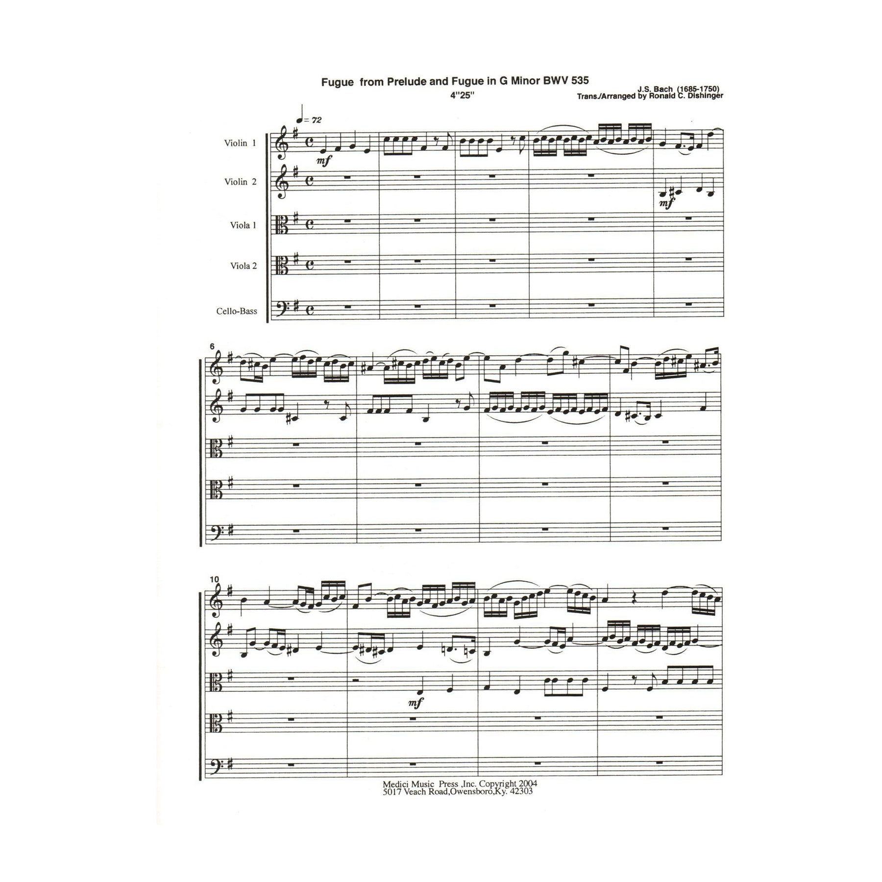 Bach, J.S. - Fugue from Prelude and Fugue (BWV 535) - for String Quintet or Orchestra - arranged by Dishinger - Medici Music Press