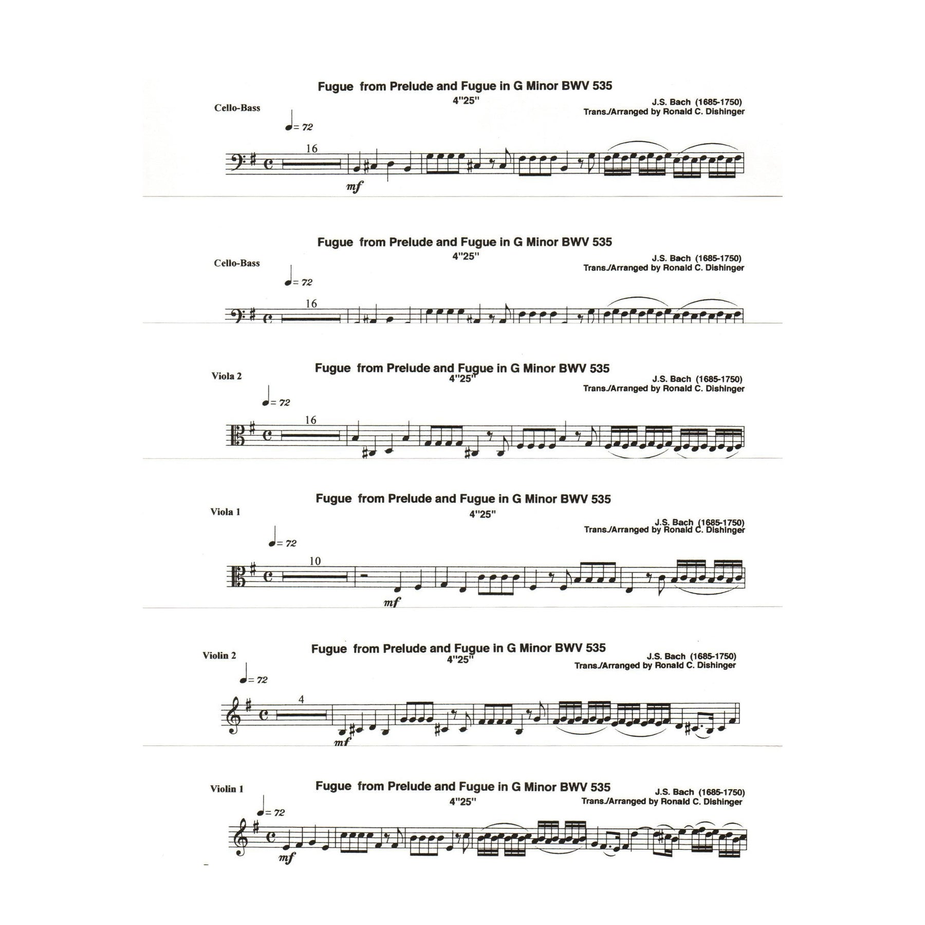Bach, J.S. - Fugue from Prelude and Fugue (BWV 535) - for String Quintet or Orchestra - arranged by Dishinger - Medici Music Press