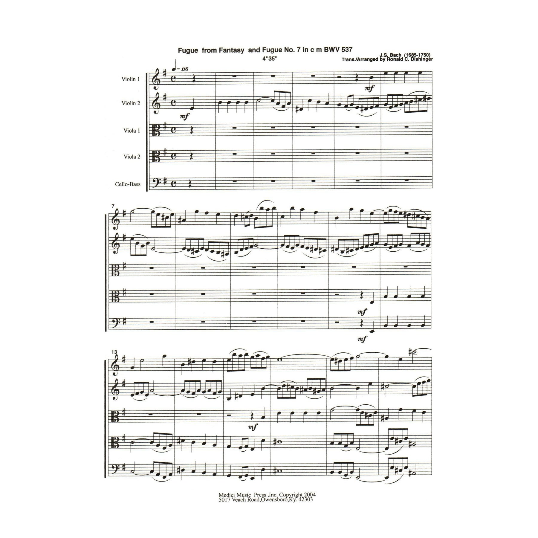 Bach, J.S. - Fugue from Fantasy and Fugue No. 7 (BWV 537) - for String Quintet - arranged by Dishinger - Medici Music Press