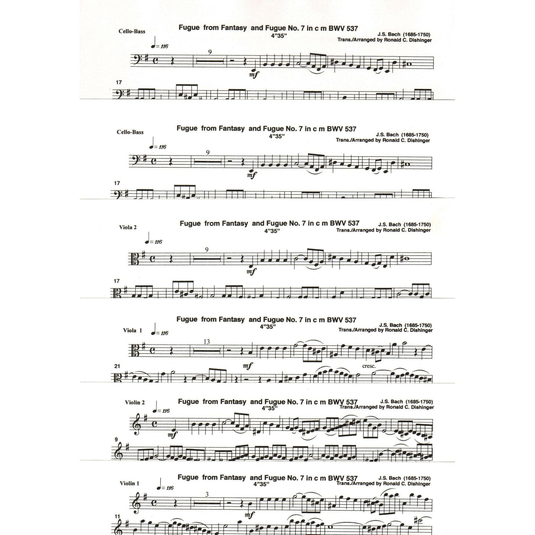 Bach, J.S. - Fugue from Fantasy and Fugue No. 7 (BWV 537) - for String Quintet - arranged by Dishinger - Medici Music Press