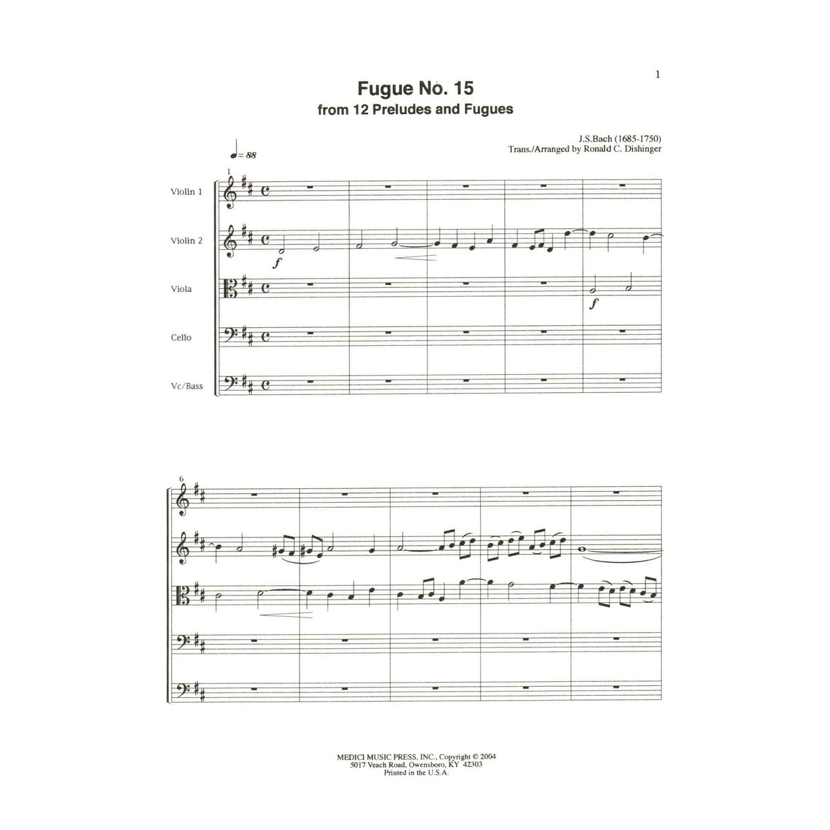 Bach, J.S. - Fugue No. 15 from 12 Preludes and Fugues - for String Quintet or Orchestra - arranged by Dishinger - Medici Music Press