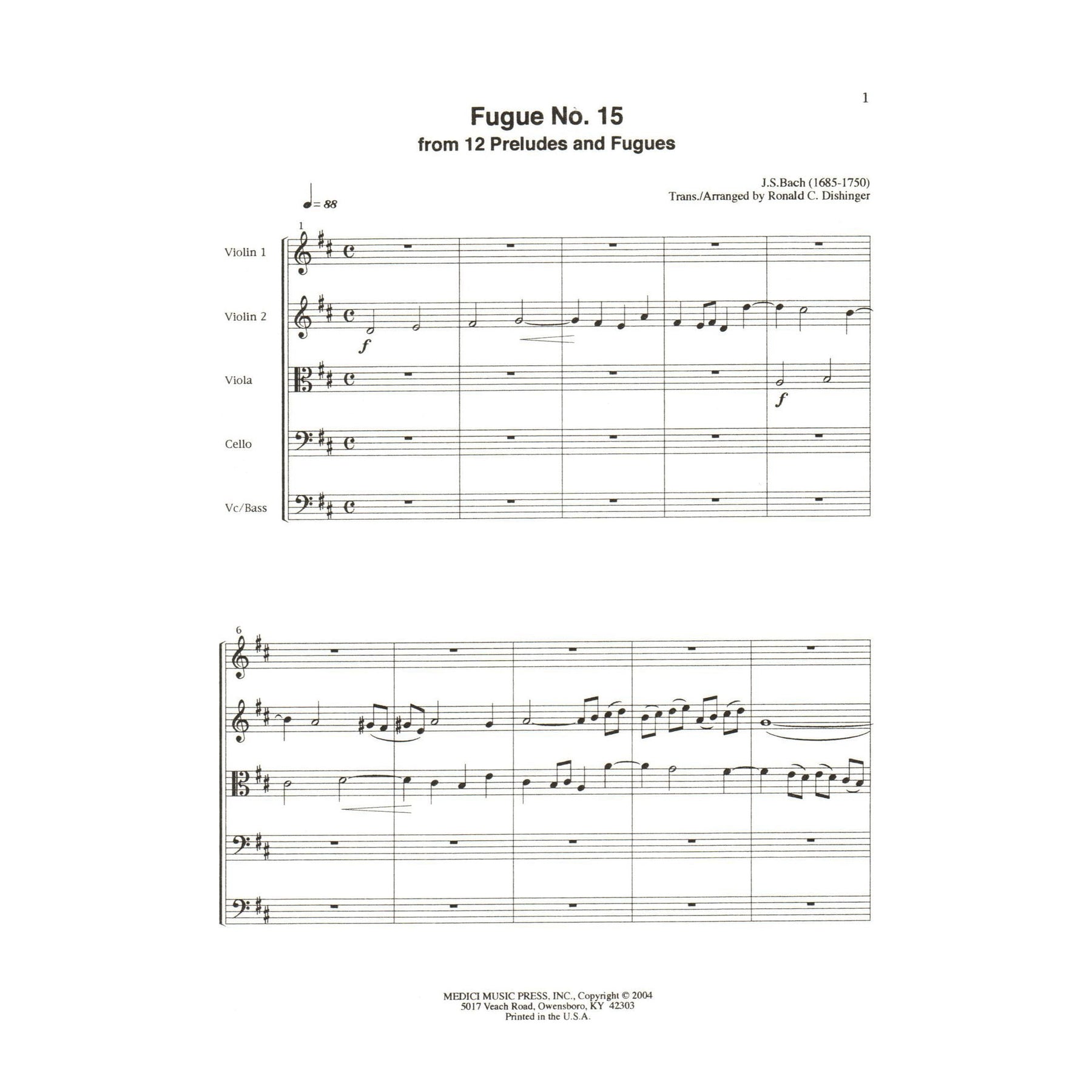 Bach, J.S. - Fugue No. 15 from 12 Preludes and Fugues - for String Quintet or Orchestra - arranged by Dishinger - Medici Music Press