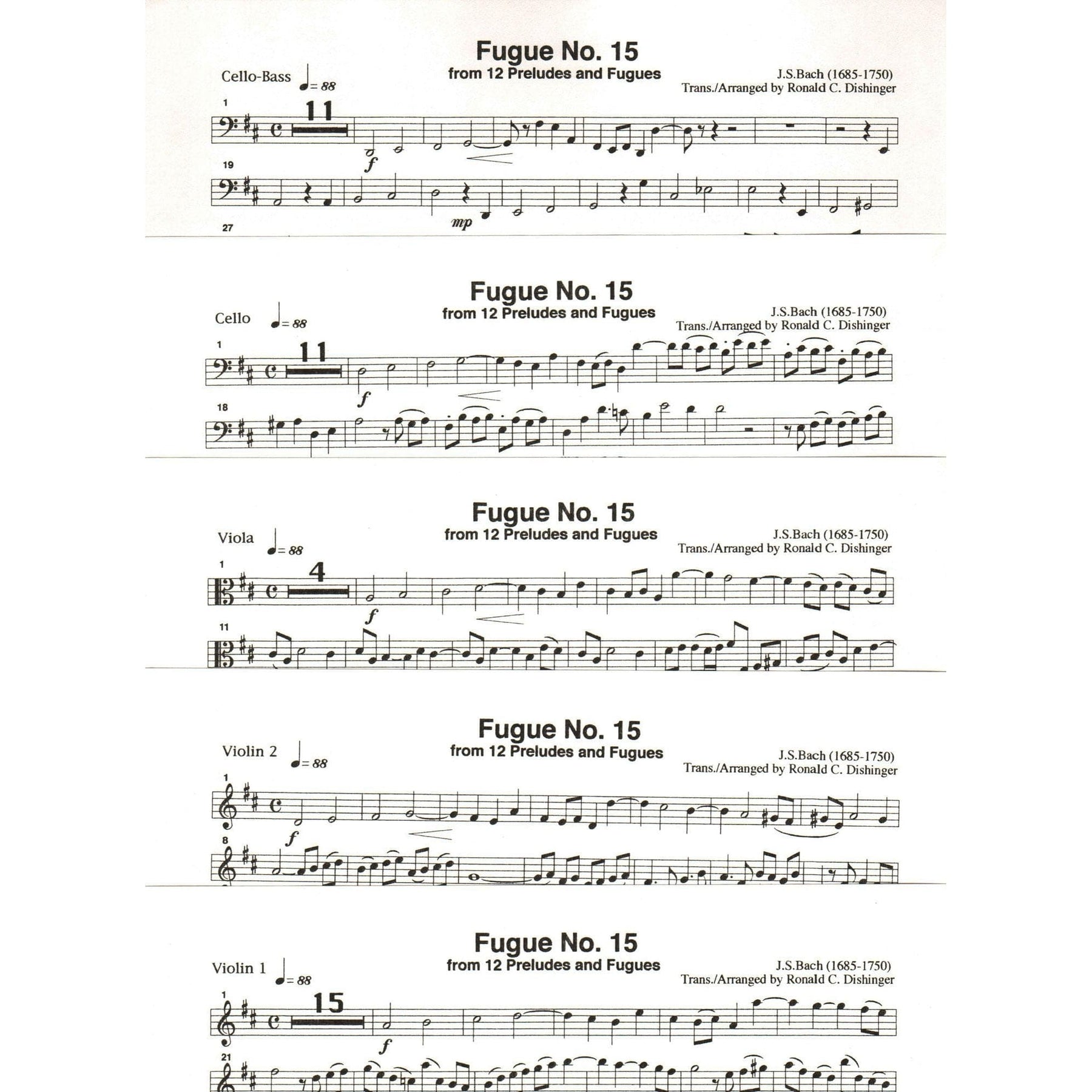 Bach, J.S. - Fugue No. 15 from 12 Preludes and Fugues - for String Quintet or Orchestra - arranged by Dishinger - Medici Music Press