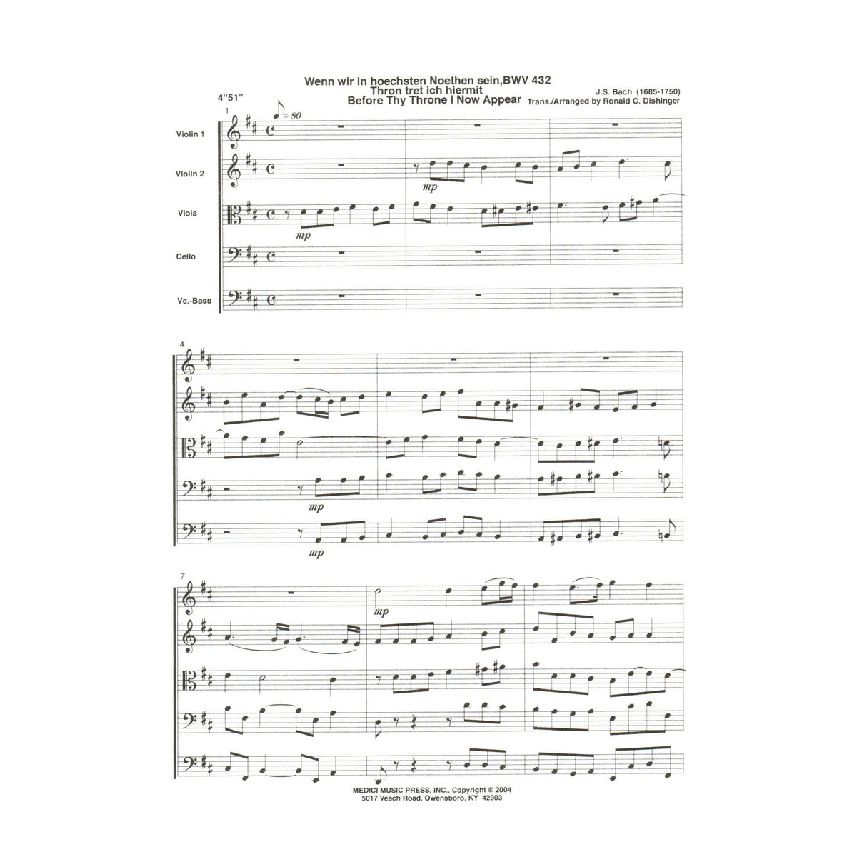 Bach, J.S. - Before Thy Throne I Now Appear, BWV 432 - for String Quintet or String Orchestra - arranged by Dishinger - Medici Music Press