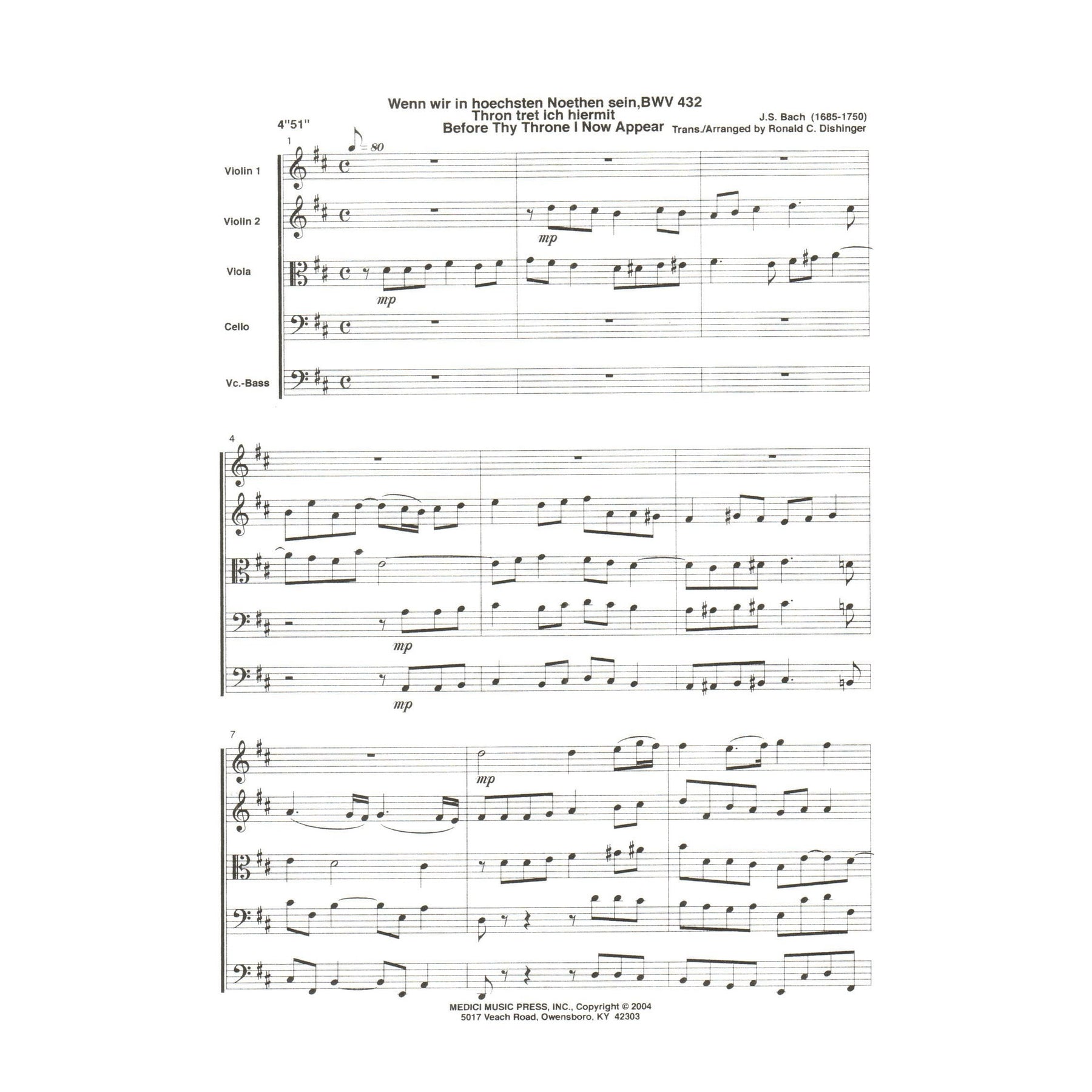 Bach, J.S. - Before Thy Throne I Now Appear, BWV 432 - for String Quintet or String Orchestra - arranged by Dishinger - Medici Music Press