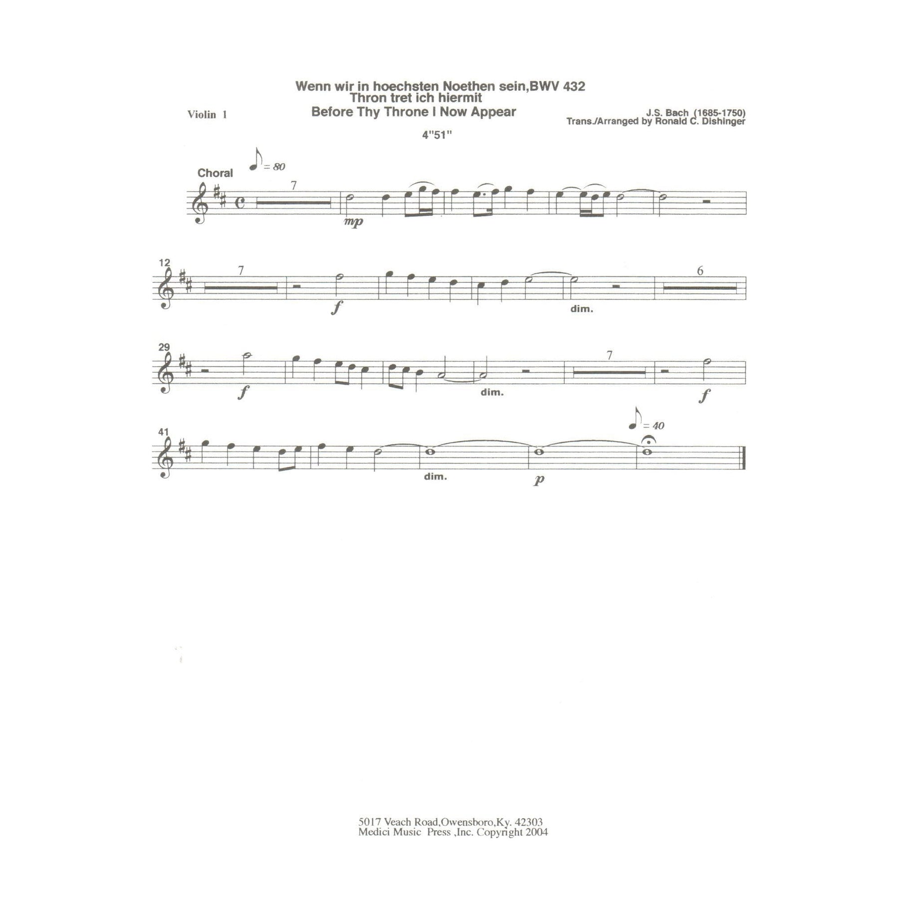 Bach, J.S. - Before Thy Throne I Now Appear, BWV 432 - for String Quintet or String Orchestra - arranged by Dishinger - Medici Music Press