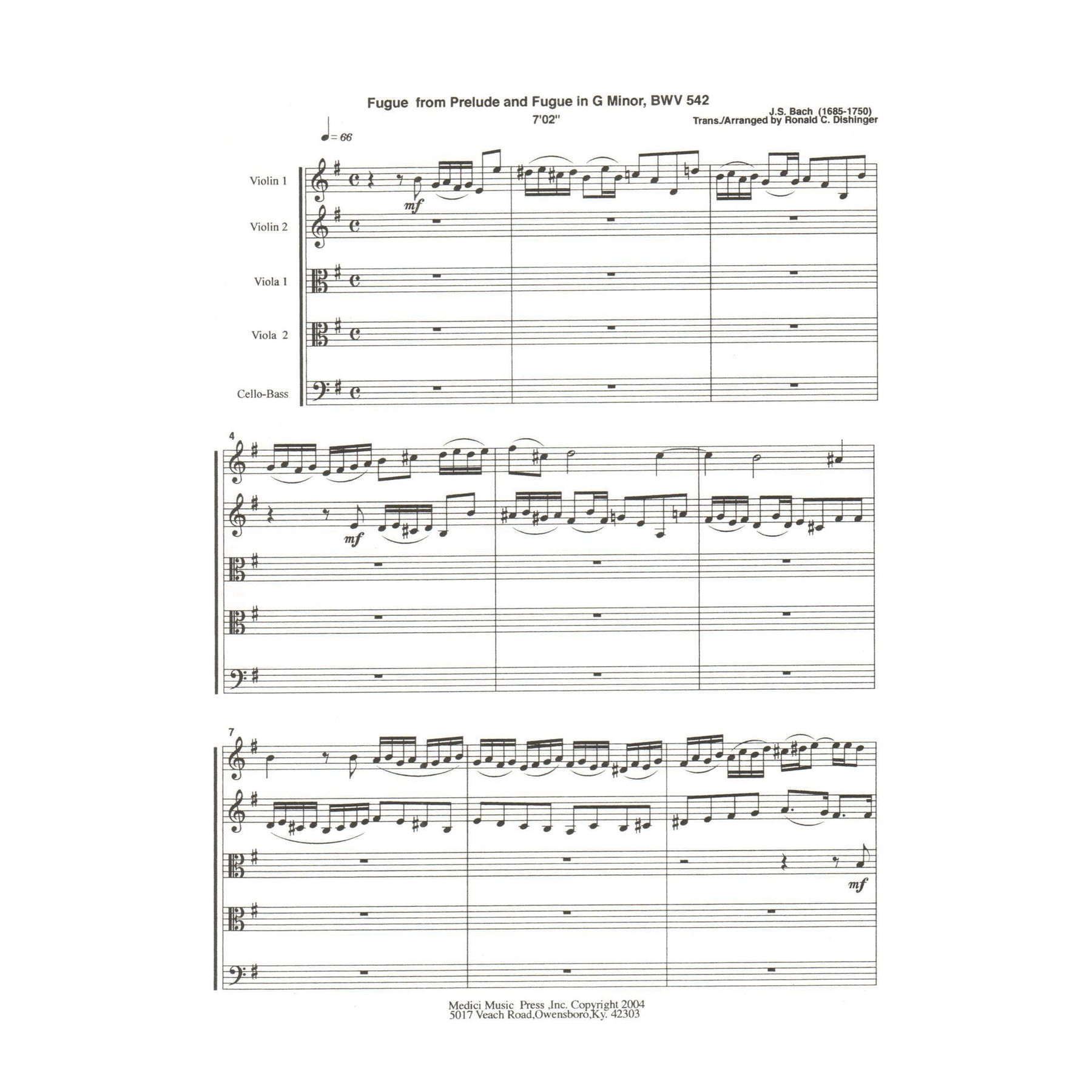 Bach, J.S. - Fugue from Prelude and Fugue (BWV 542) - for String Orchestra - arranged by Dishinger - Medici Music Press