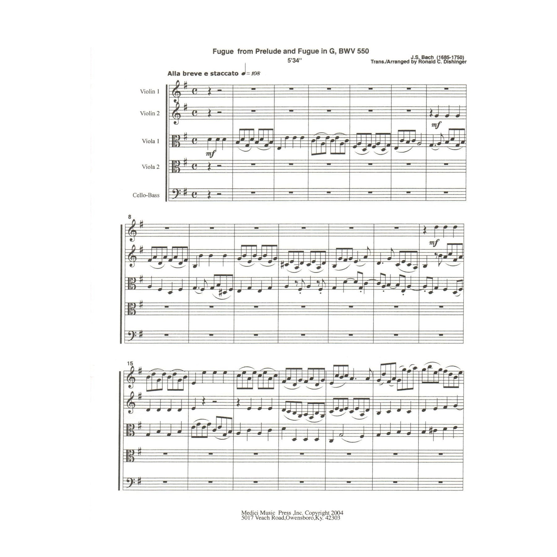 Bach, J.S. - Fugue from Prelude and Fugue in G (BWV 550) - for String Orchestra - arranged by Dishinger - Medici Music Press
