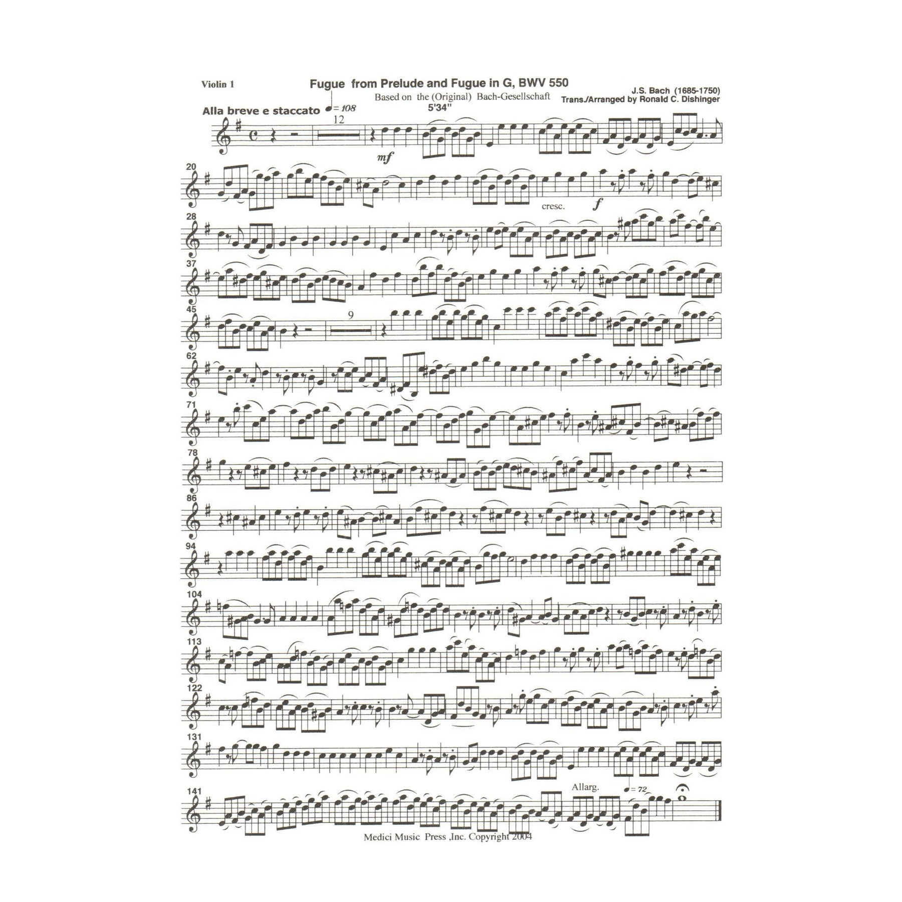 Bach, J.S. - Fugue from Prelude and Fugue in G (BWV 550) - for String Orchestra - arranged by Dishinger - Medici Music Press