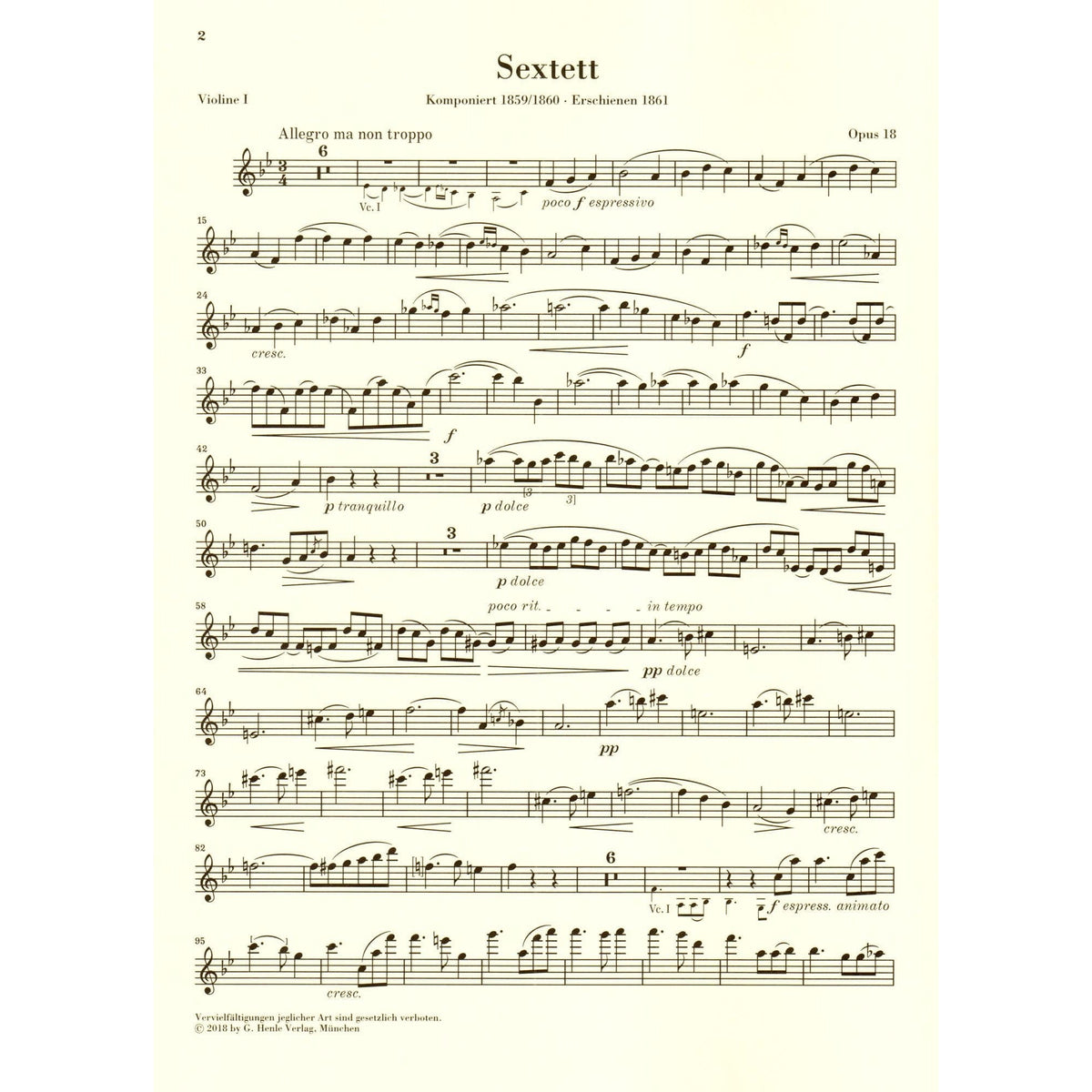 Brahms, Johannes - String Sextet No. 1 in B-flat Major, Op. 18 - URTEXT Published by G Henle Verlag