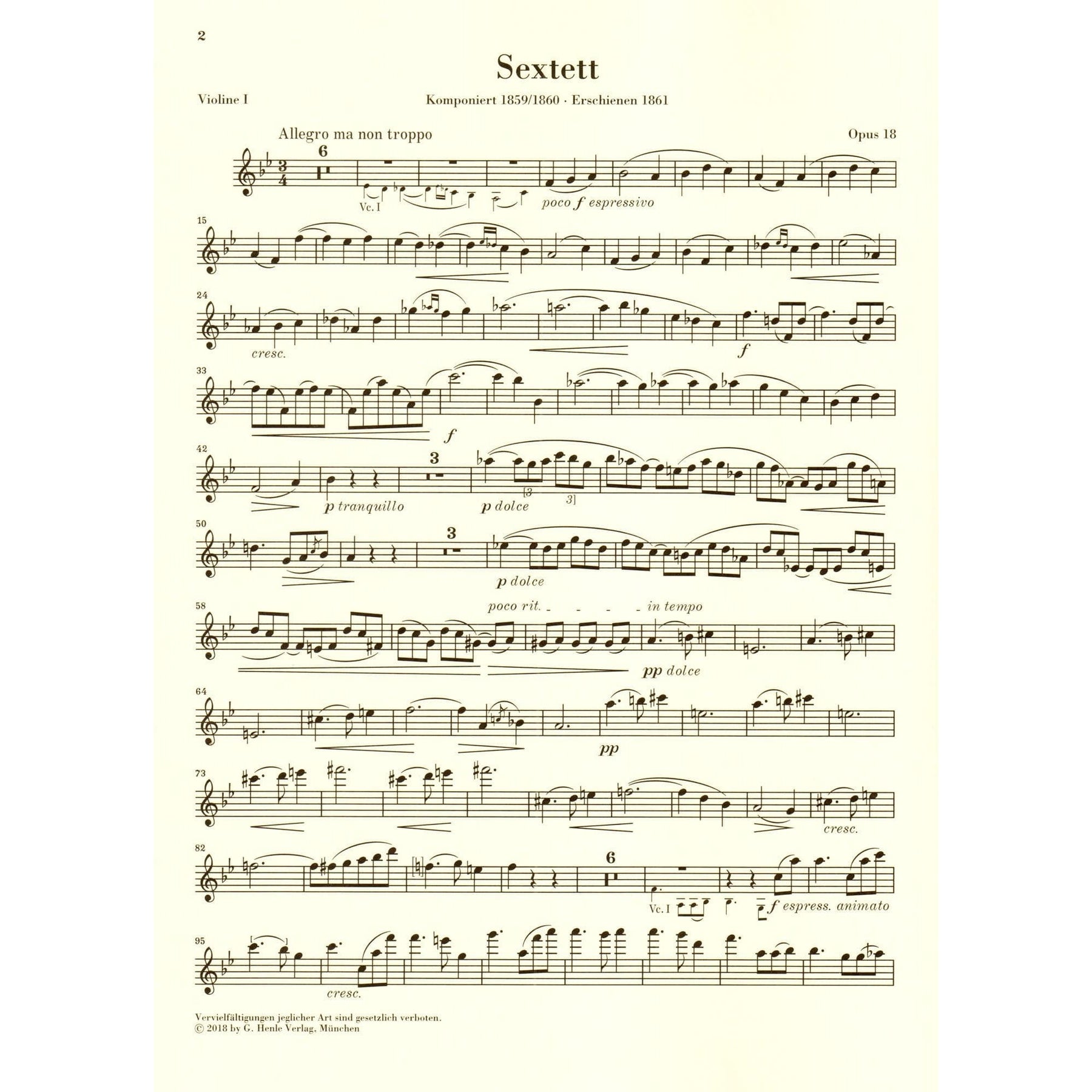 Brahms, Johannes - String Sextet No. 1 in B-flat Major, Op. 18 - URTEXT Published by G Henle Verlag