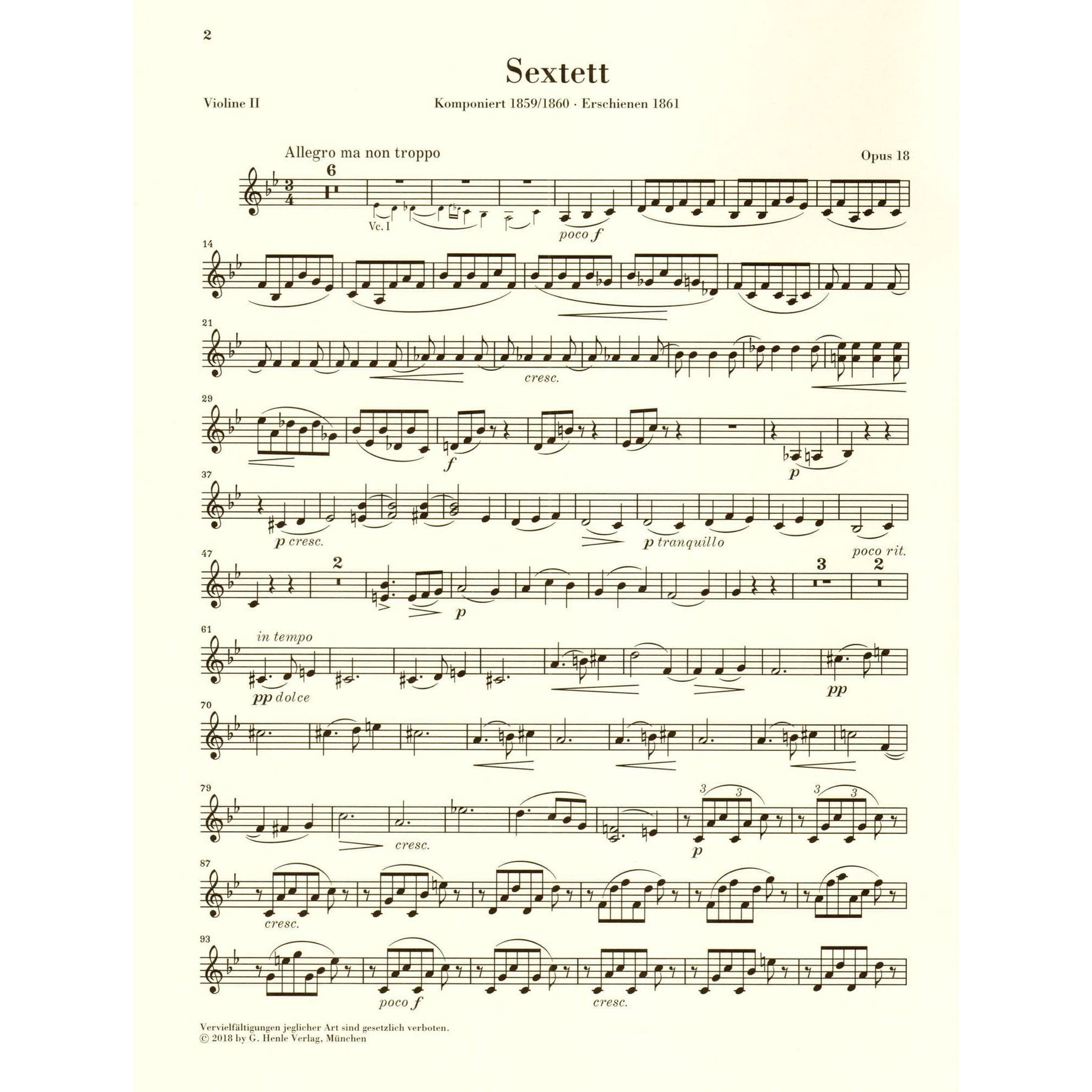 Brahms, Johannes - String Sextet No. 1 in B-flat Major, Op. 18 - URTEXT Published by G Henle Verlag