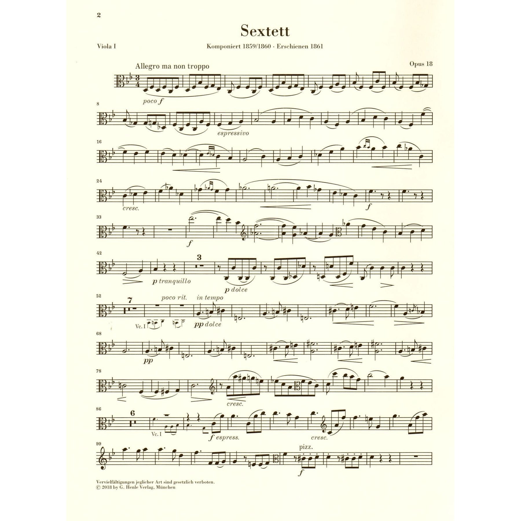 Brahms, Johannes - String Sextet No. 1 in B-flat Major, Op. 18 - URTEXT Published by G Henle Verlag