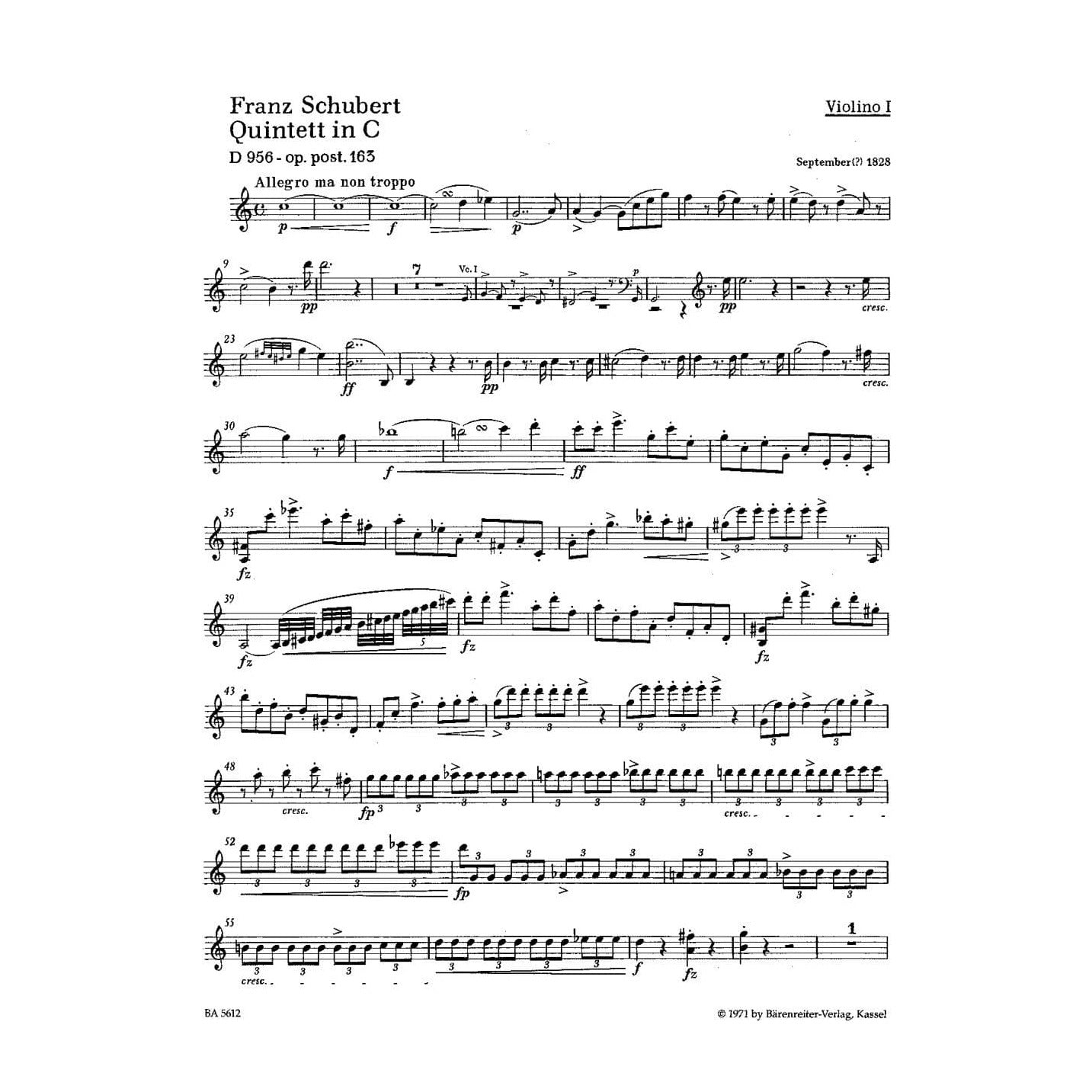 Schubert, Franz - Quintet in C Major, Op 163, D 956 - PARTS ONLY - Barenretier URTEXT
