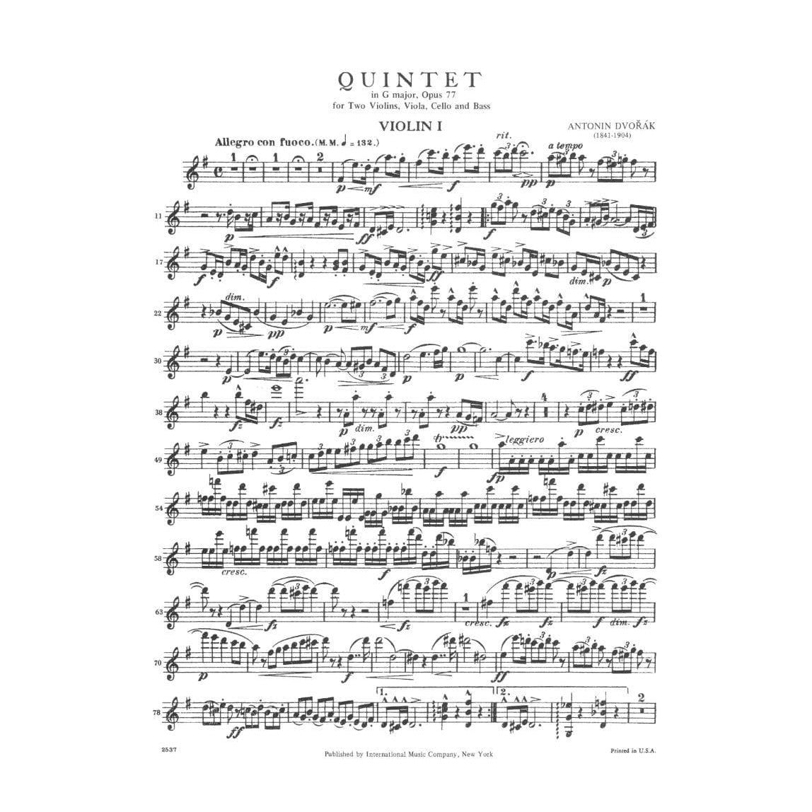 Dvorák, Antonín - Quintet In G Major, Op 77 - Two Violins, Viola, Cello, and Double Bass - International Edition