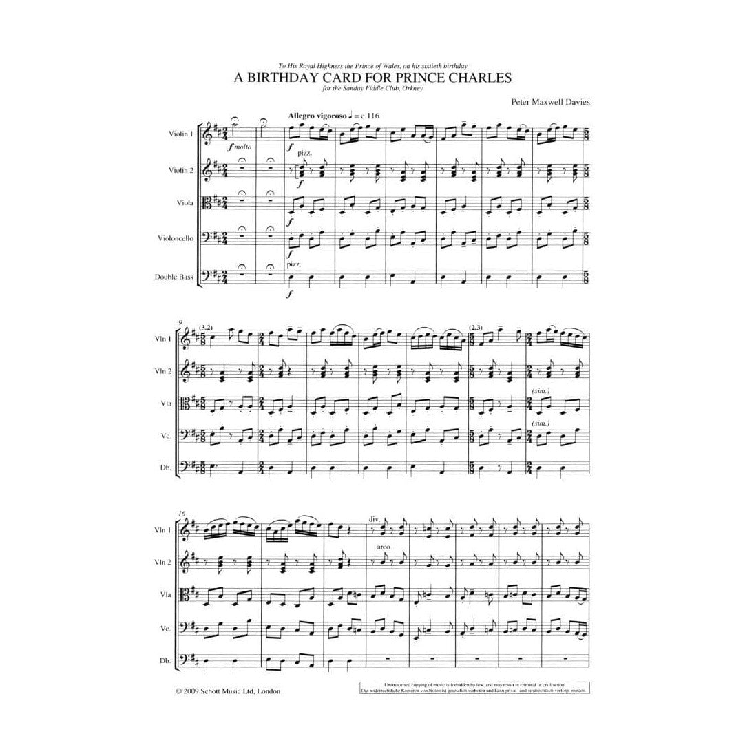 Davies, Peter Maxwell - A Birthday Card for Prince Charles - String Ensemble/Quintet - Score and Parts - Schott Music Edition