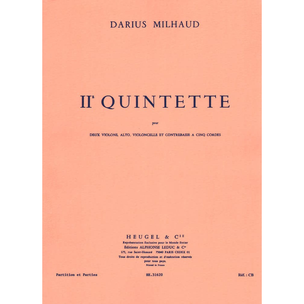 Milhaud, Darius - Quintet No 2, Op 316 - Two Violins, Viola, Cello, and Bass - Score and Parts - Editions Heugel & Cie