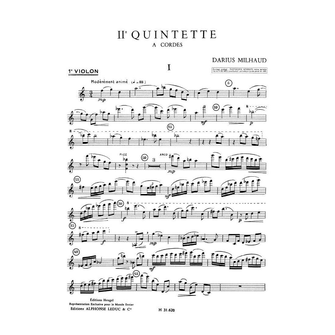 Milhaud, Darius - Quintet No 2, Op 316 - Two Violins, Viola, Cello, and Bass - Score and Parts - Editions Heugel & Cie