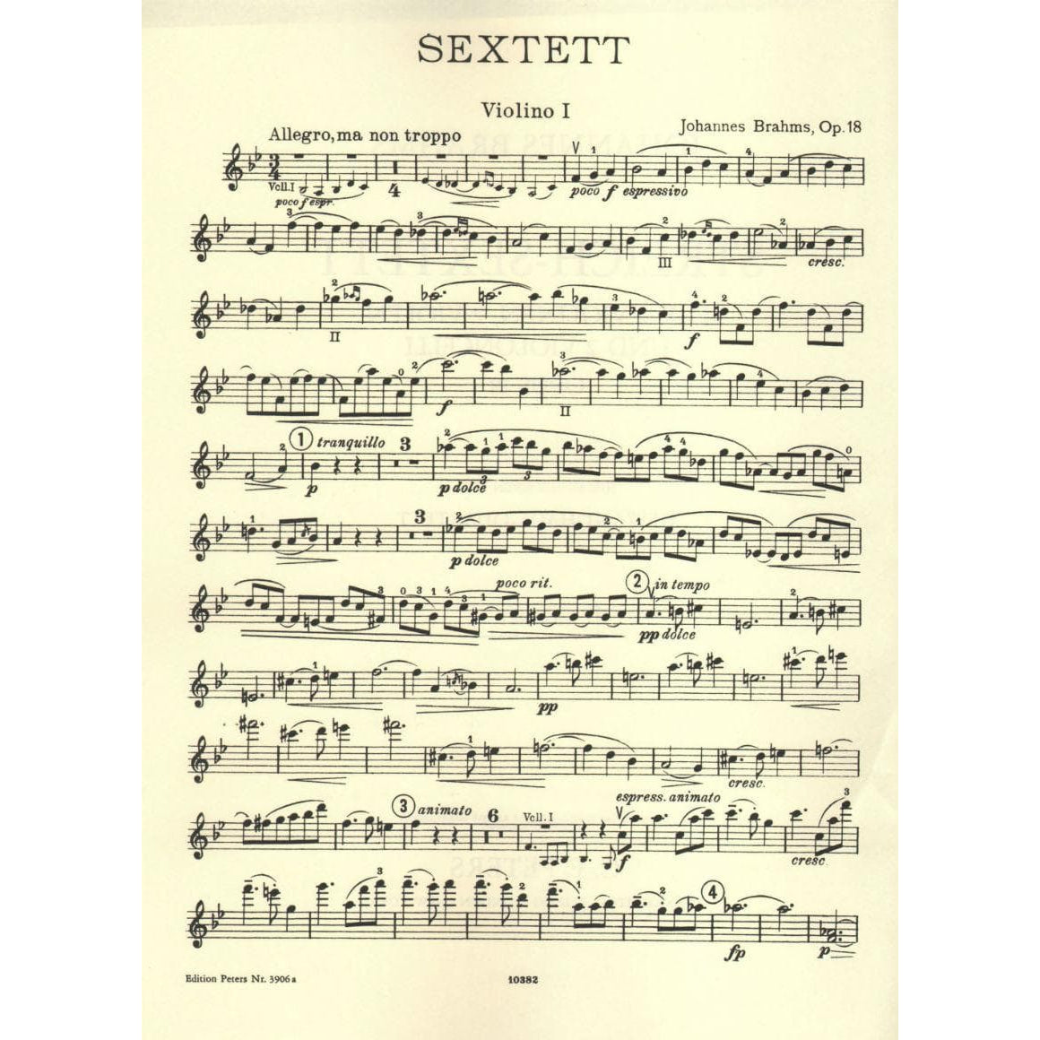 Brahms, Johannes - Sextet No 1 In B-Flat Major, Op 18 - Two Violins, Two Violas and Two Cellos - Set of Parts - Edition Peters